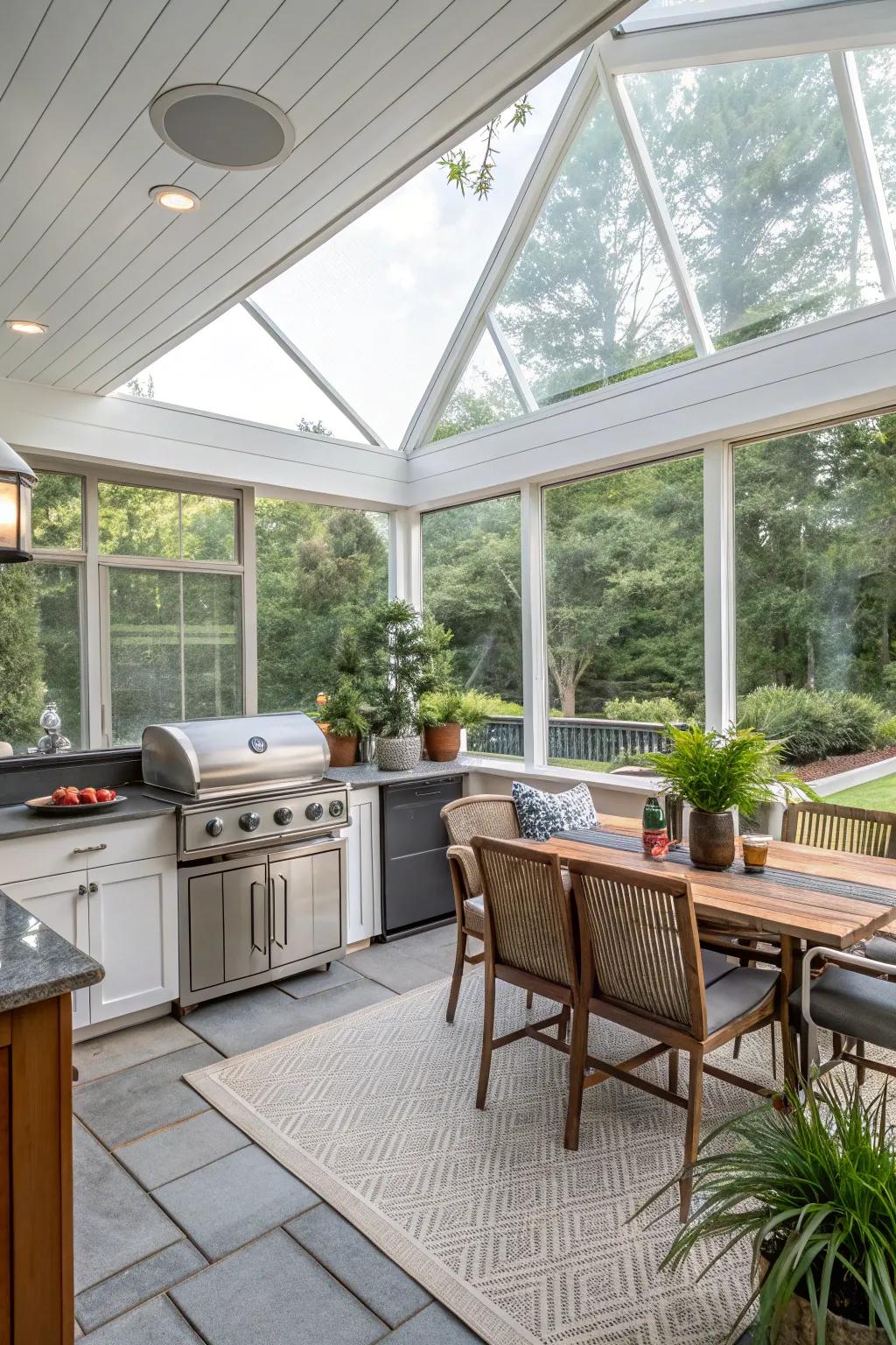 An enclosed screened veranda delivers an insect-free outdoor culinary adventure.