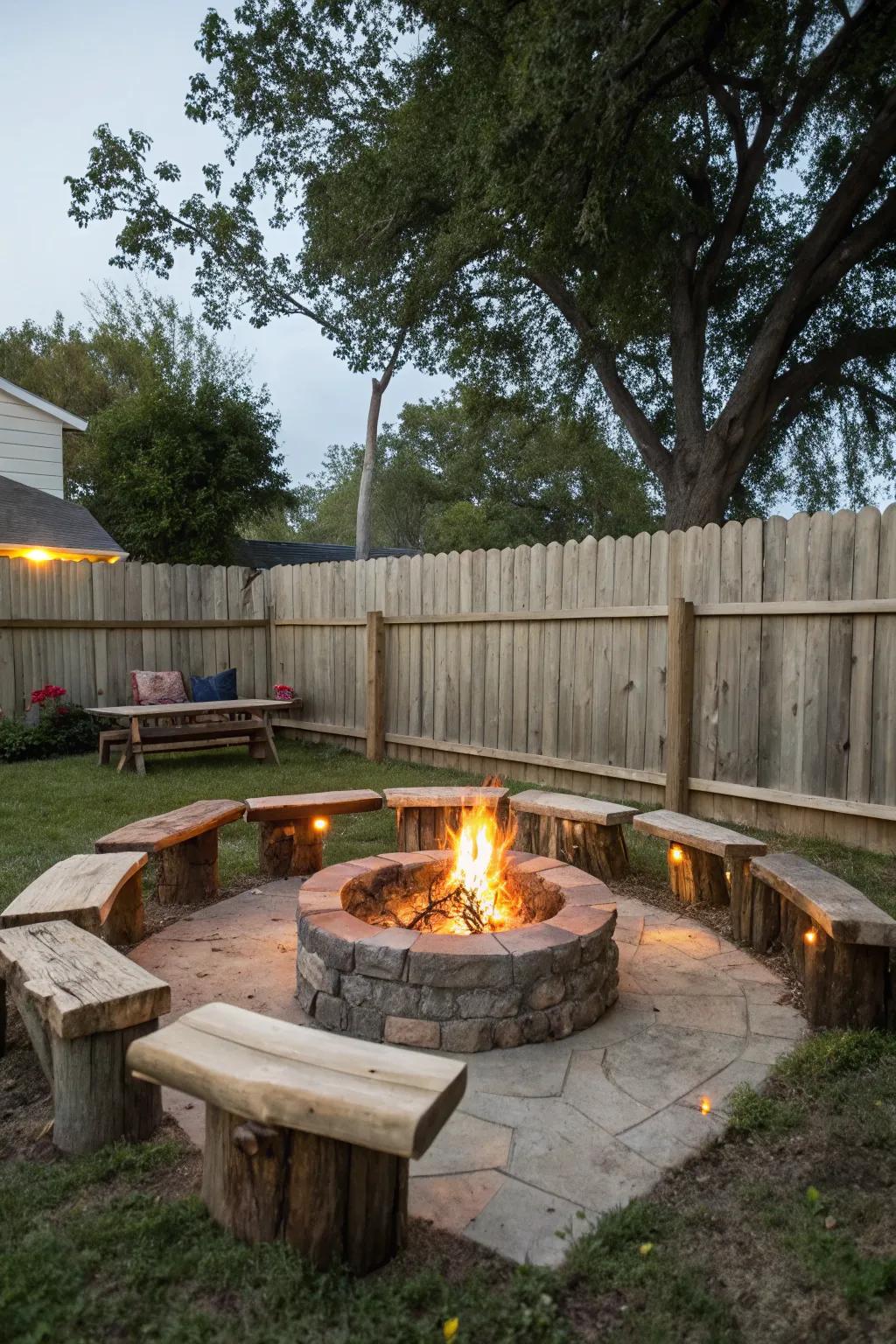 Tree trunk seats offer a rustic and eco-friendly seating choice.