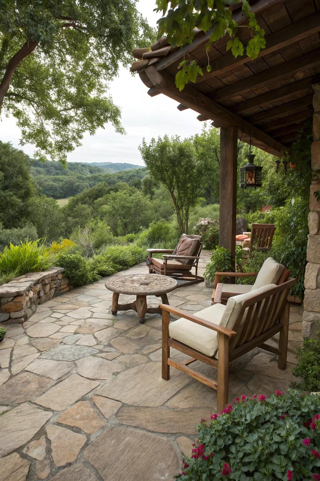 Homespun flagstone flooring infuses natural beauty and character into patios.