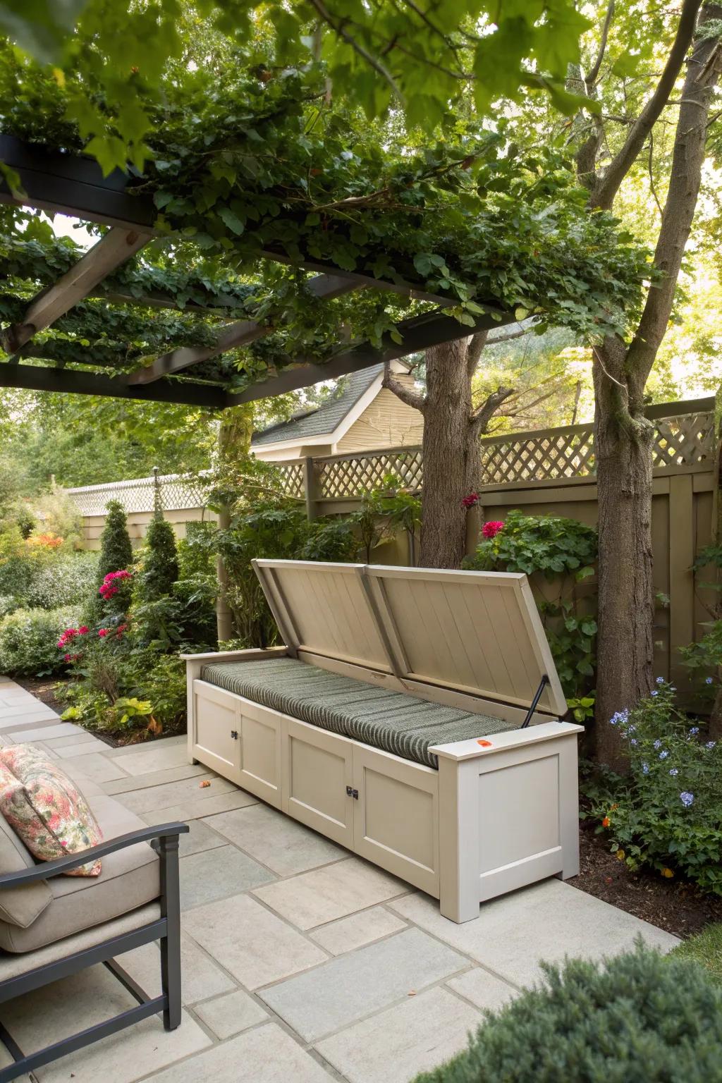 A sleek bench with concealed storage for patio necessities.