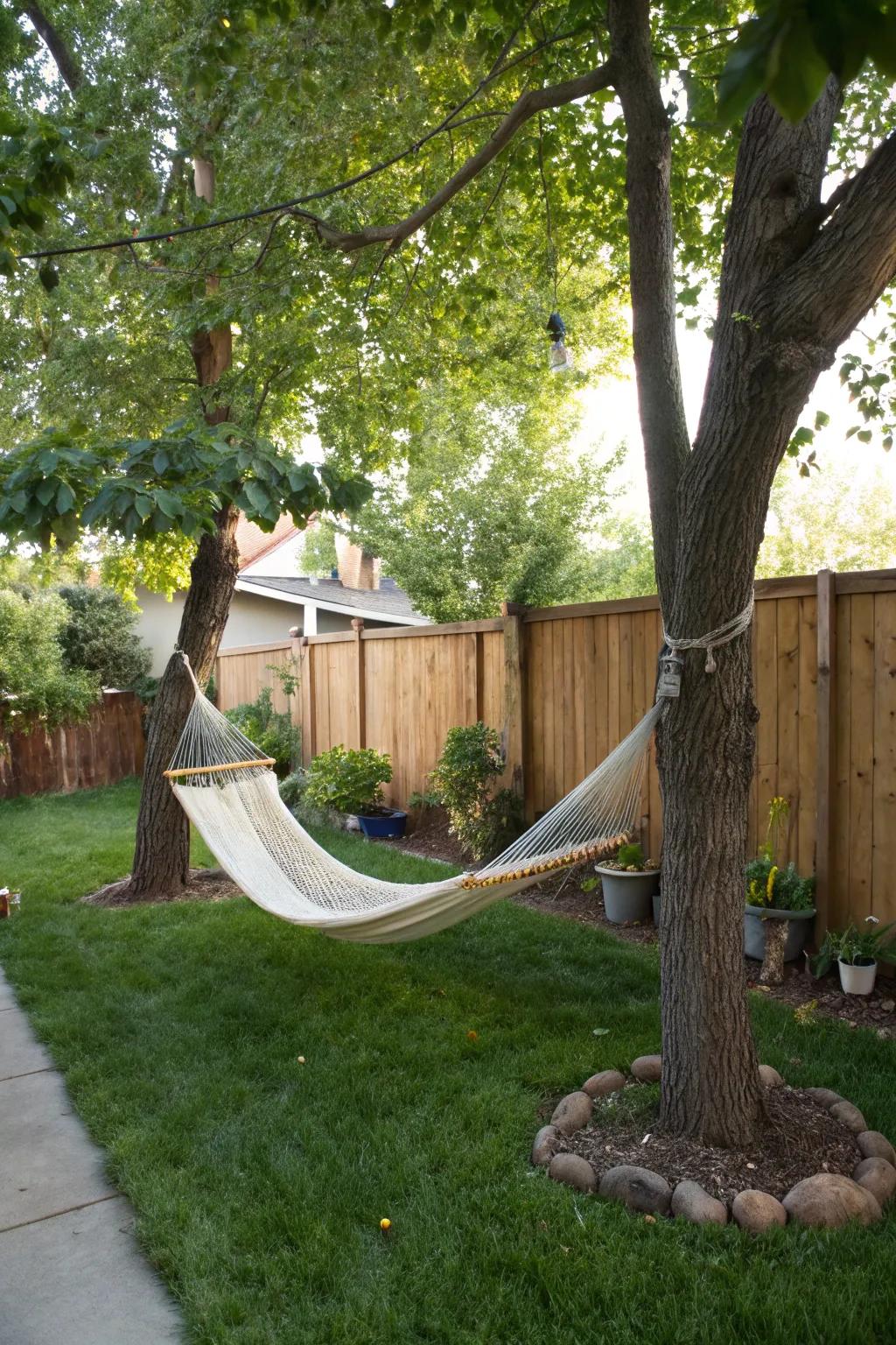 Relax and unwind in a resting sling corner in your backyard.