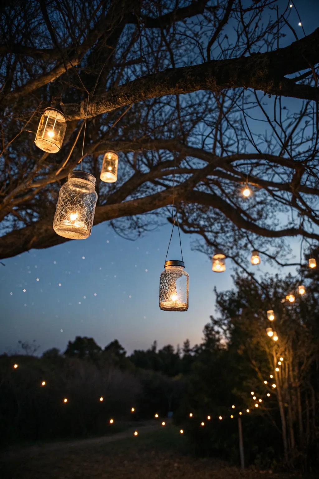 Magical garden lanterns fashioned from preserving containers conjure an enchanting ambiance.