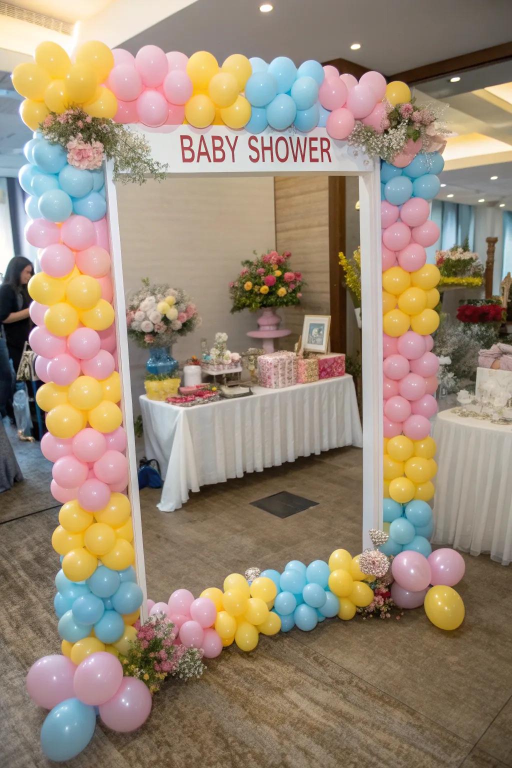 A balloon photograph border introduces interactive enjoyment to the celebration.