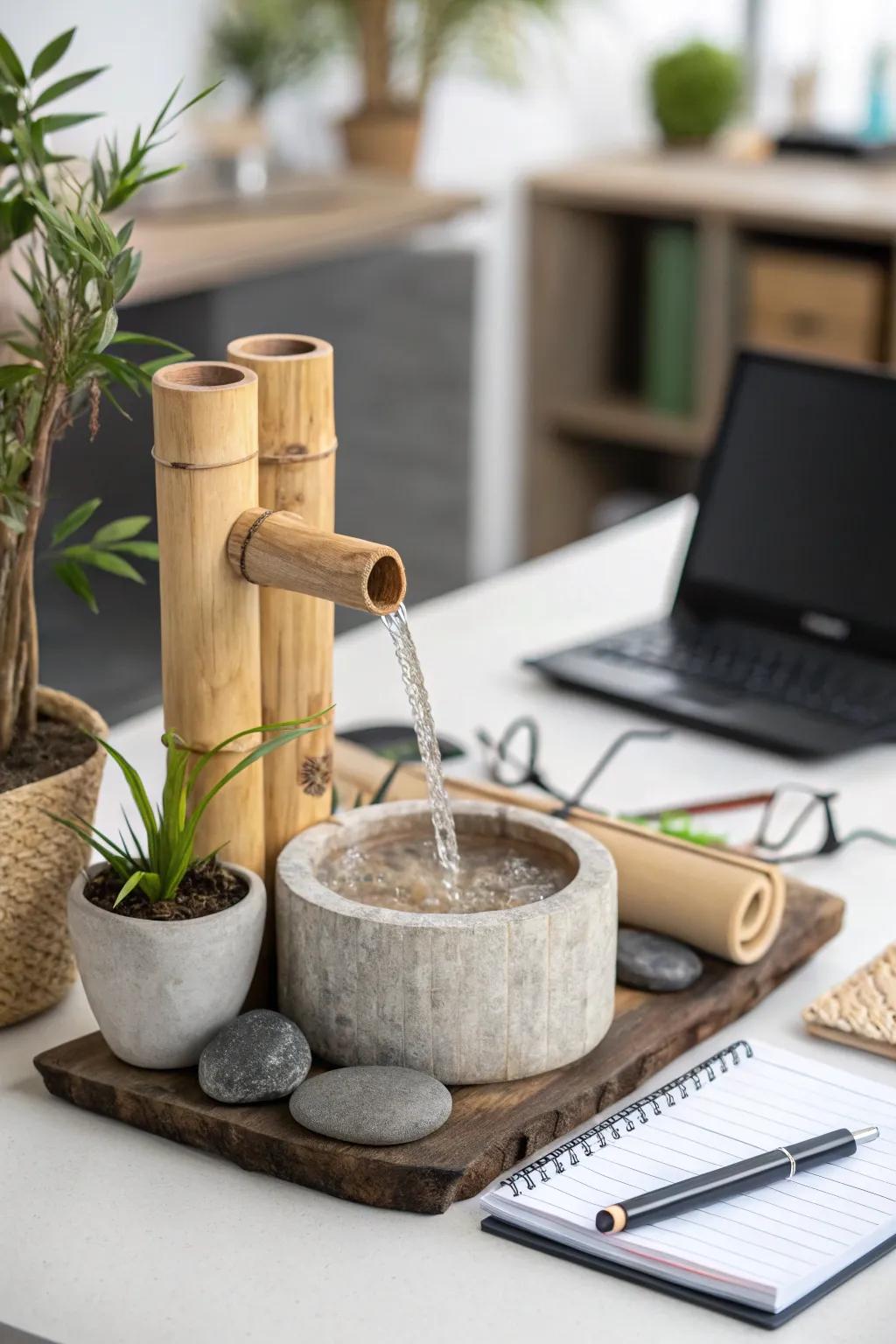 A simple bamboo fountain adding peace to a workspace.