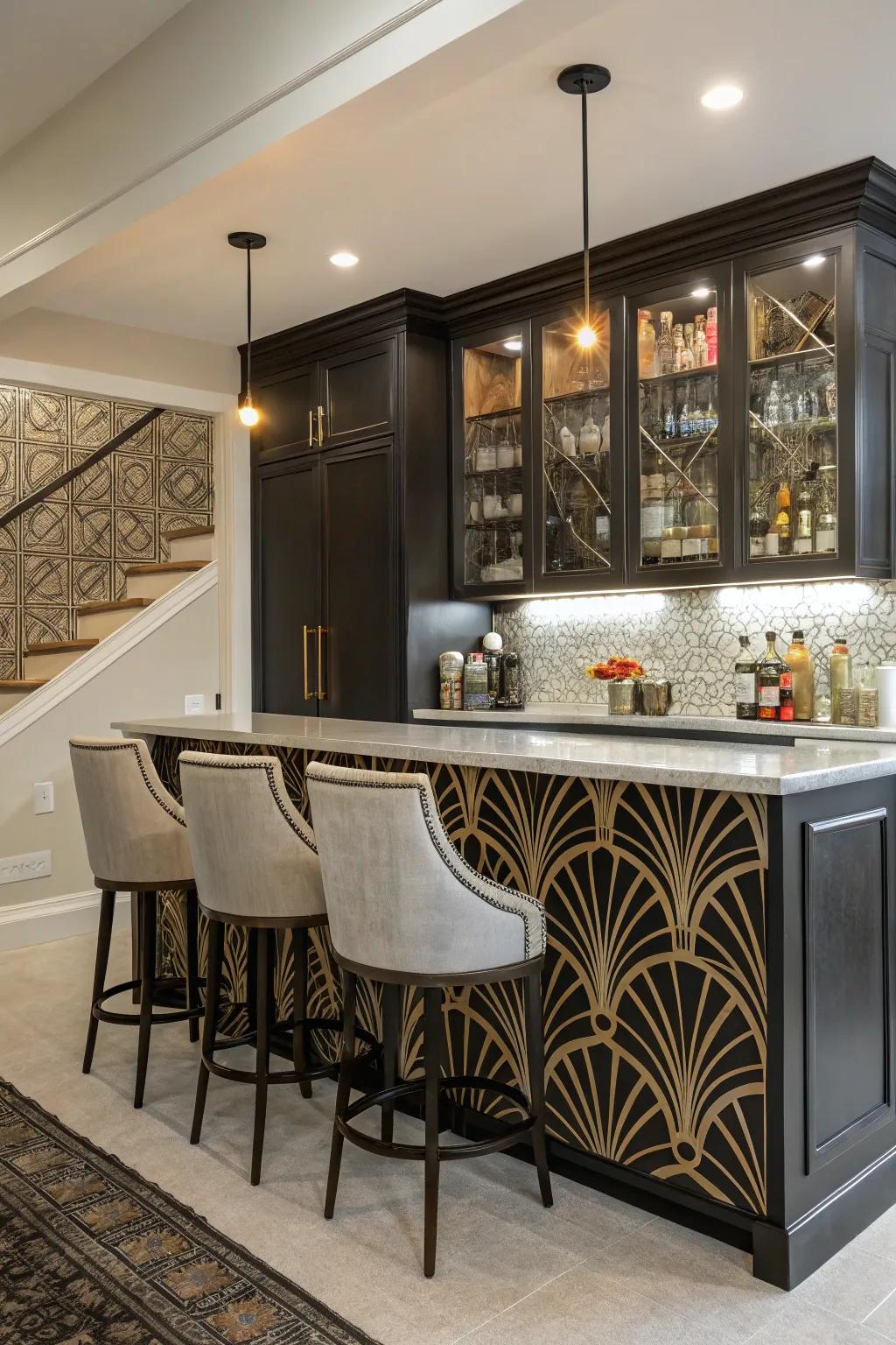 A home bar with an Art Deco-influenced backsplash showcasing striking graphic shapes.