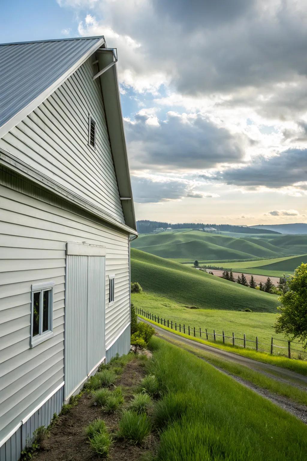 A barn dressed in adaptable plastic cladding, giving off a clean and smart vibe.