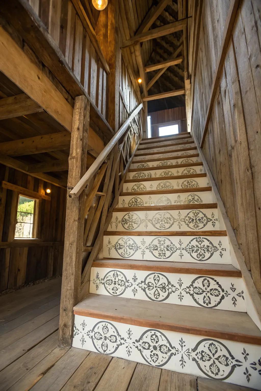 Patterned risers personalize and elevate barn stairs.