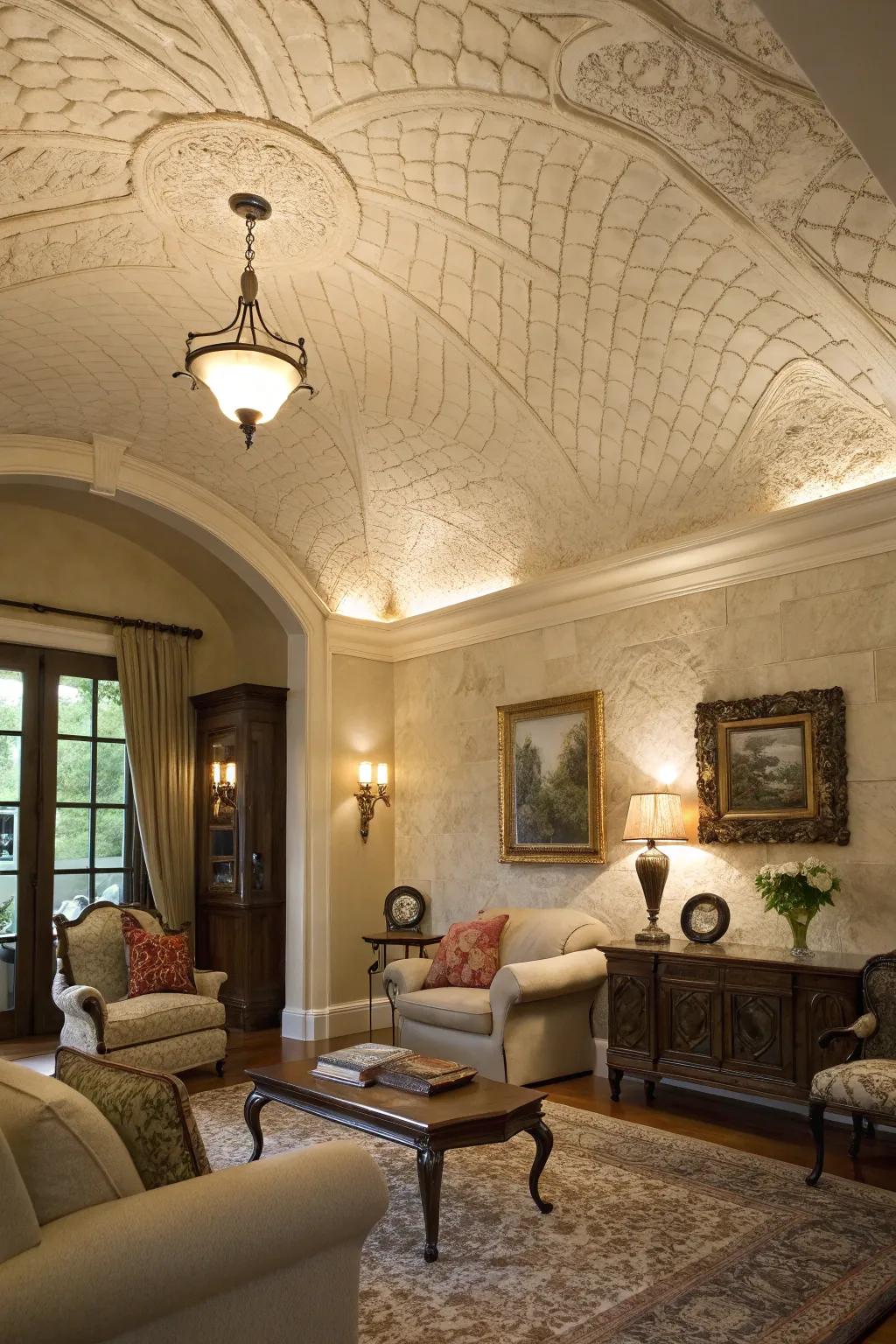 A lounge featuring a textured plaster-finished barrel ceiling for amplified depth.