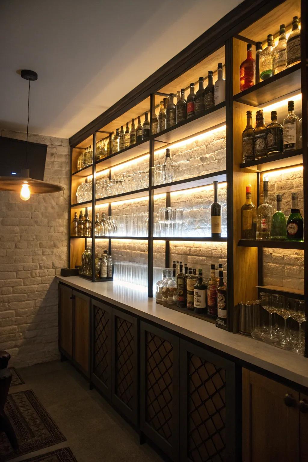 Backlit shelves magnificently illuminate your collection.