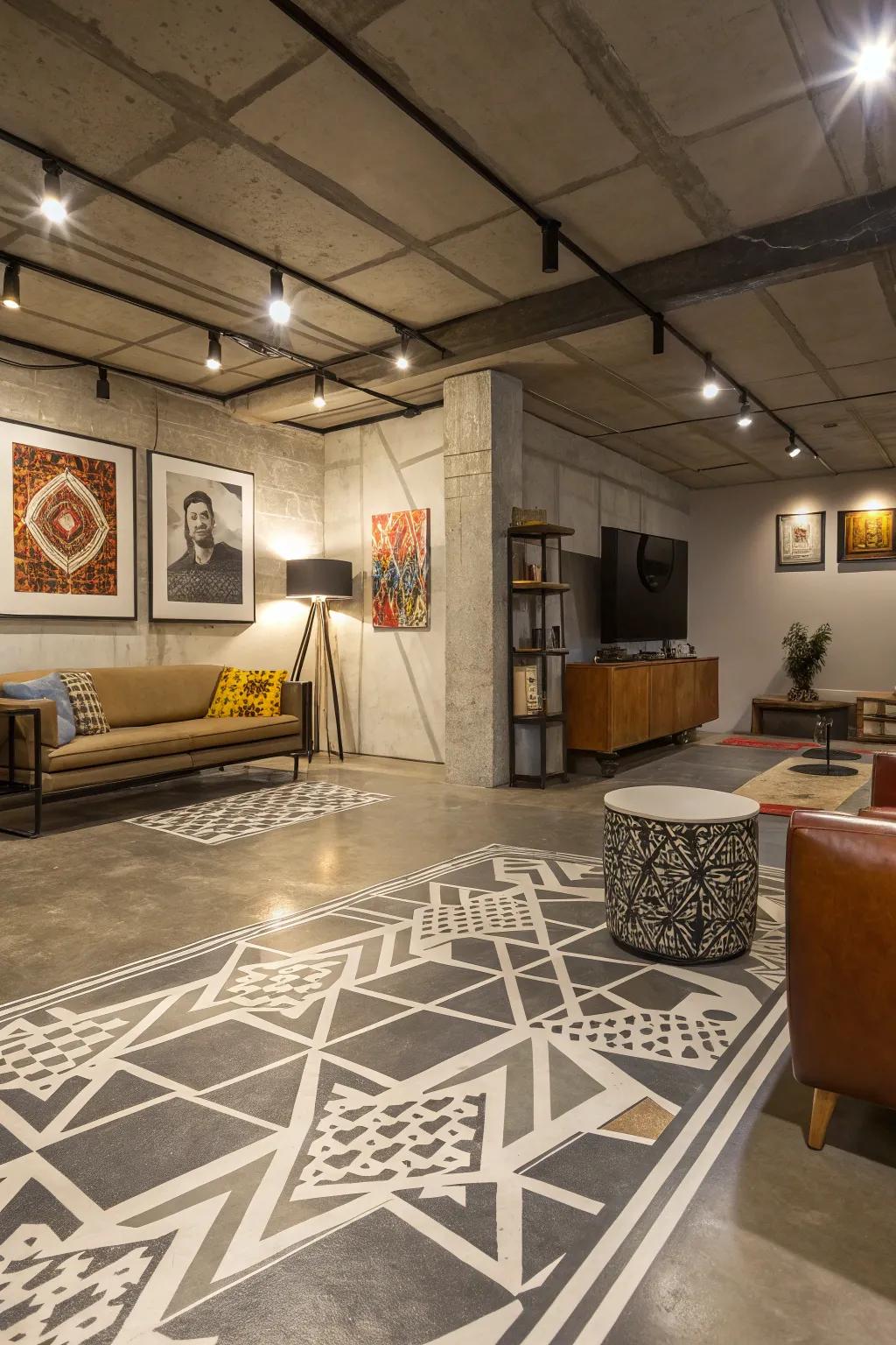 Geometric patterns on cement floors add an artistic vibe to contemporary spaces.