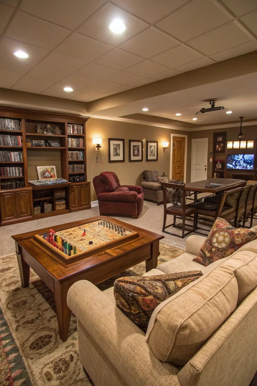A game zone adds a playful touch to this family-friendly basement.