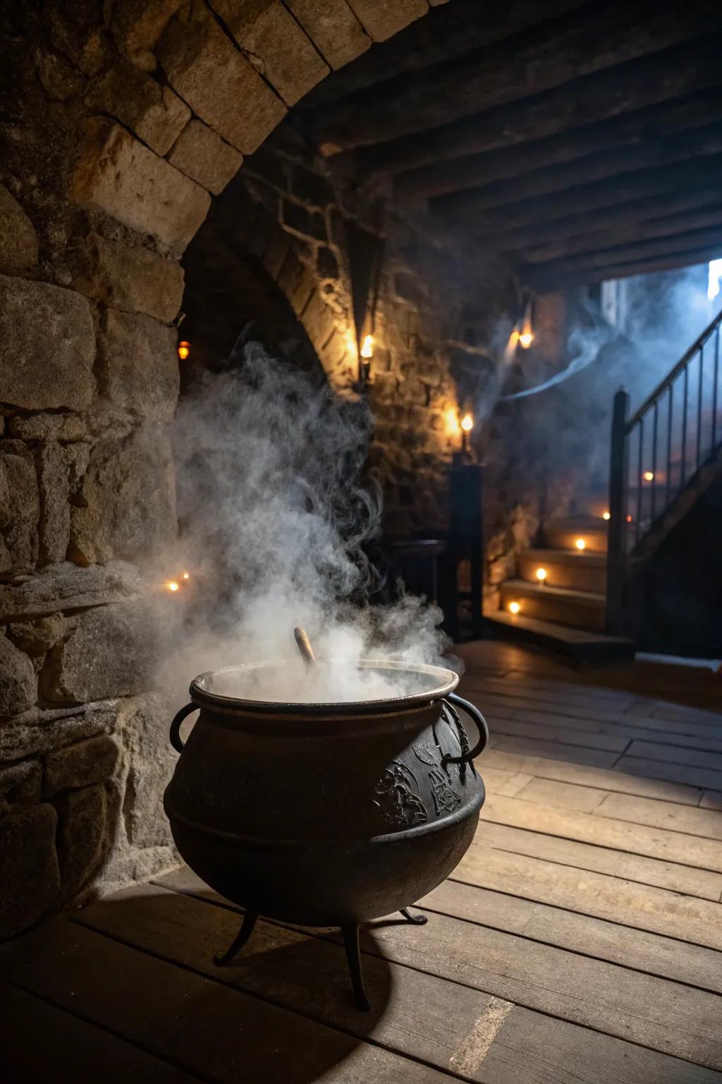 A bubbling cauldron creates a mesmerizing centerpiece.