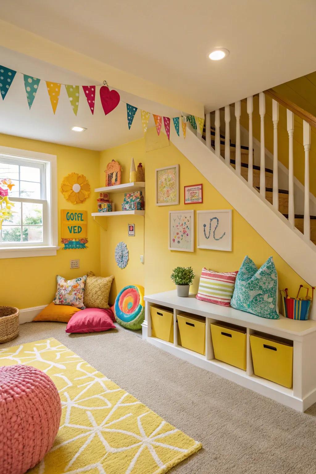 Sunshine yellow walls bring cheerfulness to this playful space.