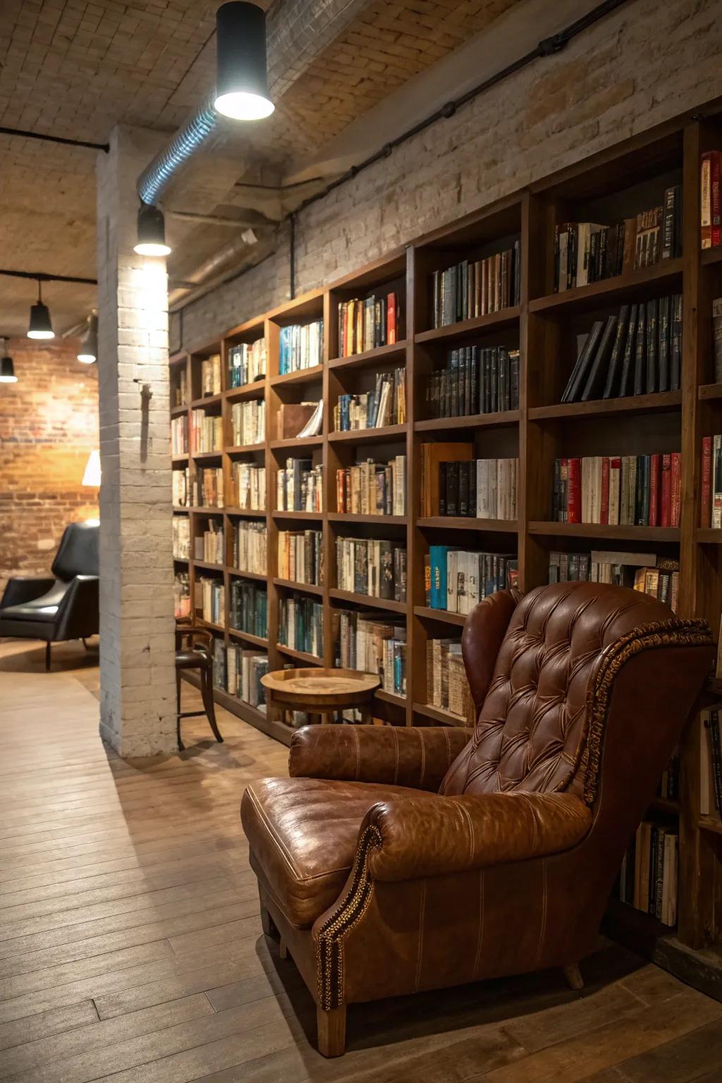 Library-style shelving transforms your basement into a comfortable retreat for book lovers.