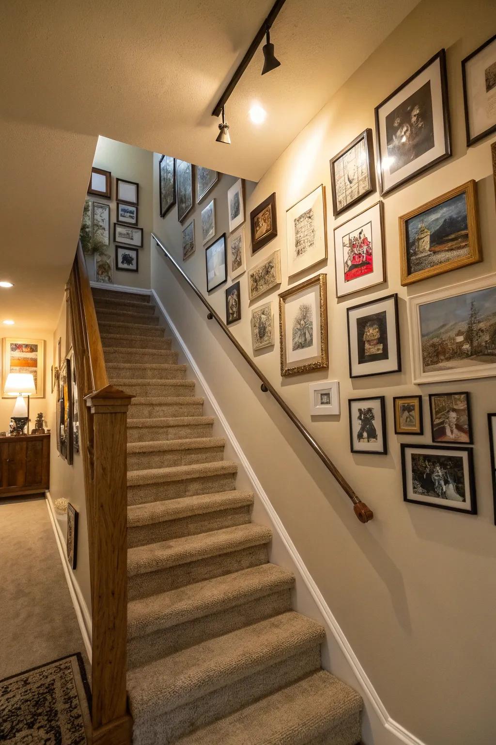 A gallery wall contributes character and an individual touch to the stairway.