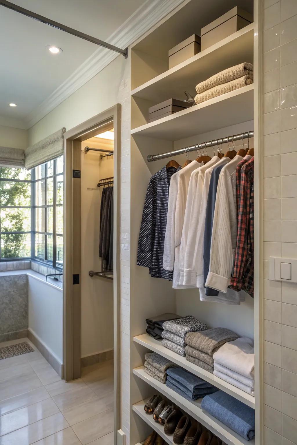 A cleverly placed rod for hanging garments underneath shelves.