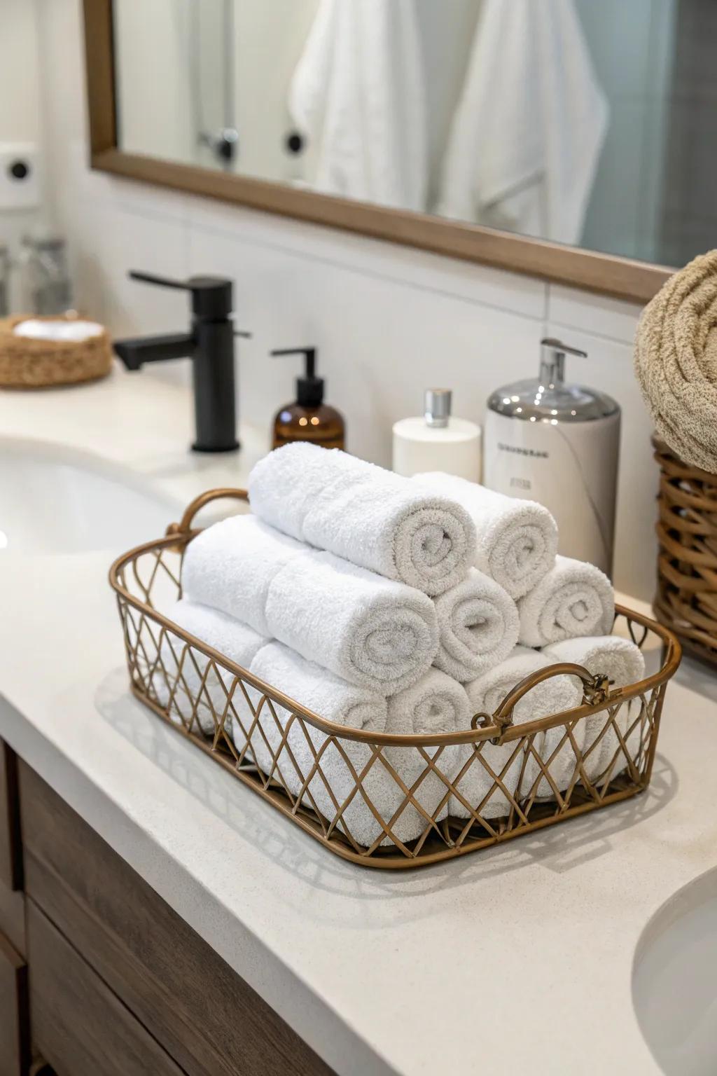 Textiles enrich your bathroom counter with warmth and texture.