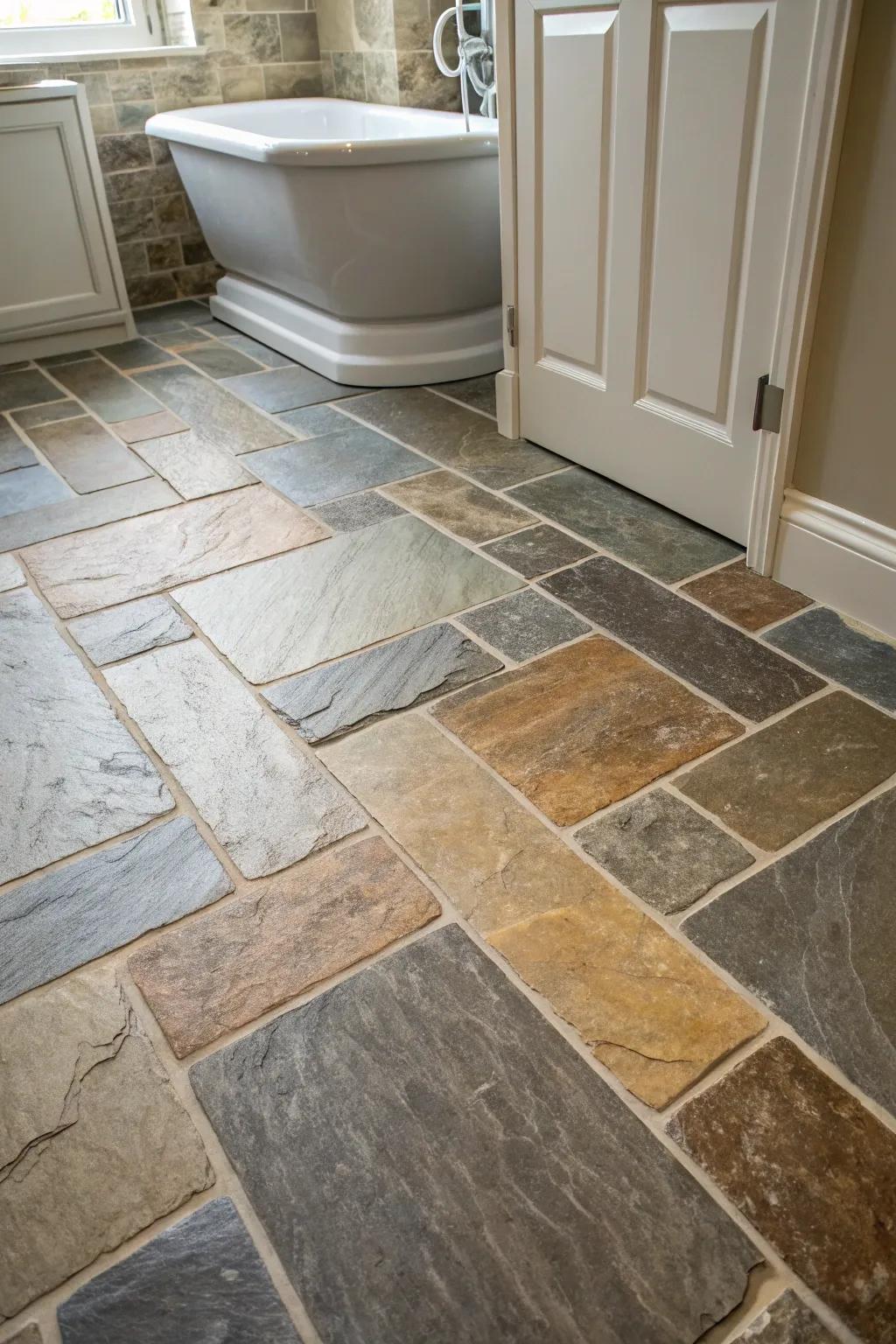 Slate floorings present a countryside, genuine aesthetic for your washroom.