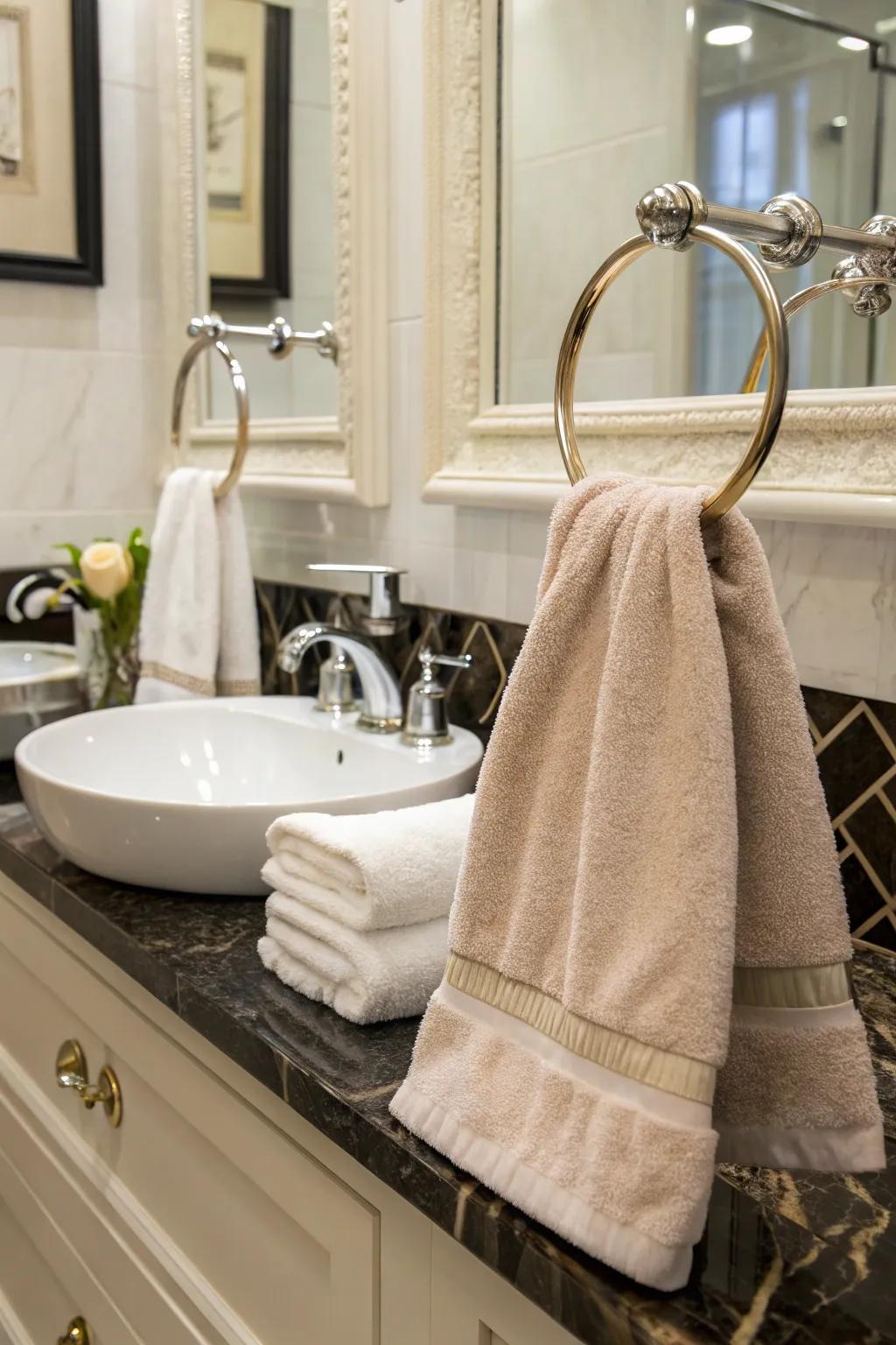 Towel circles impart a sophisticated touch to hand towel exhibits.