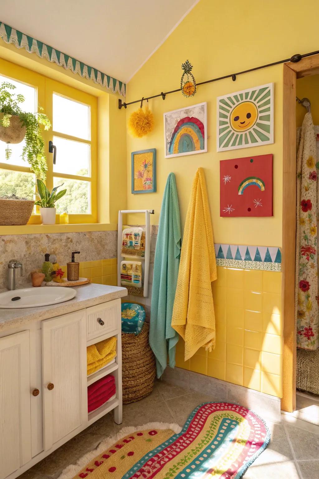 Radiant gold highlights bring a cheerful vibe to the bathroom.
