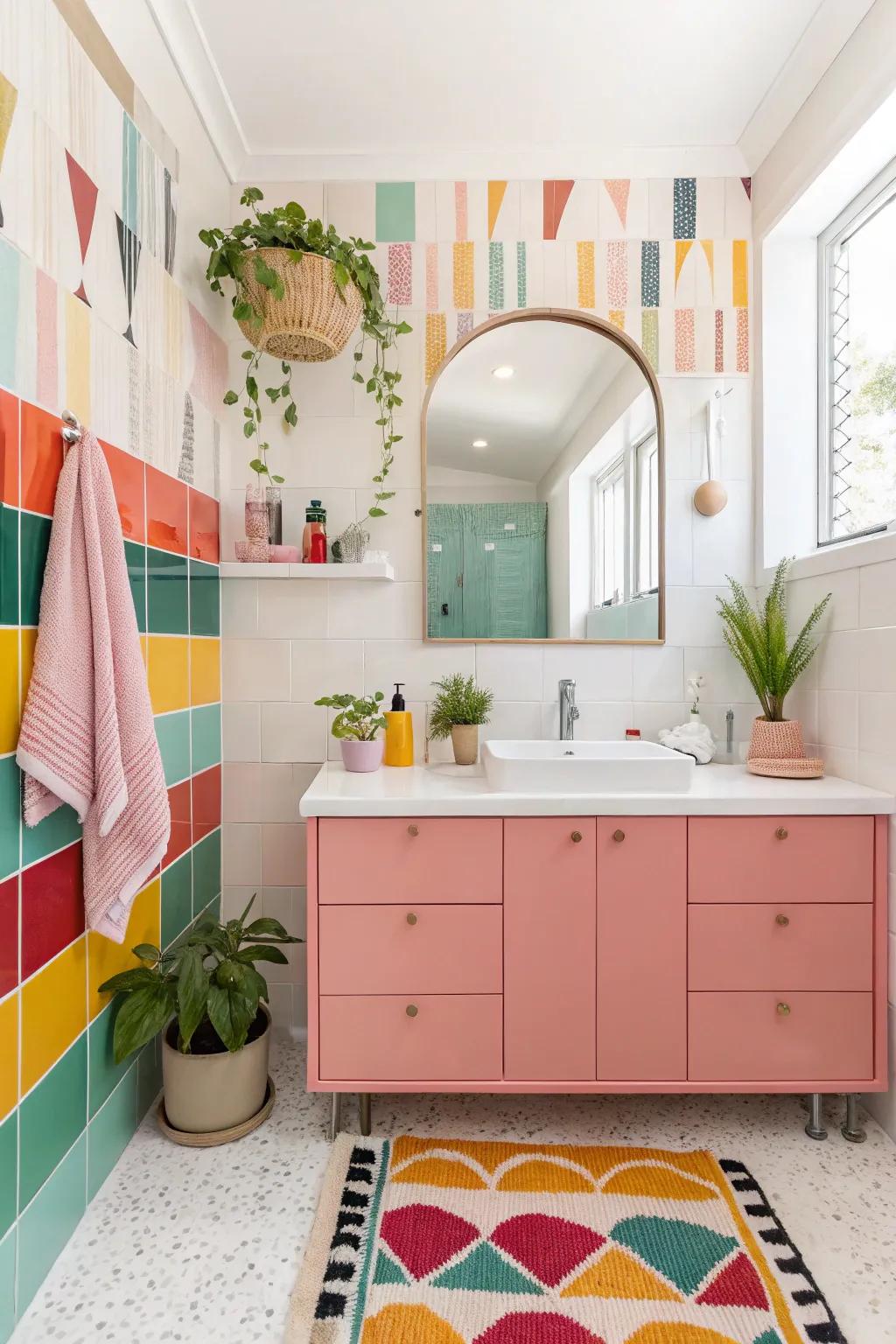 A bathroom showcasing a flash of hues, imbuing energy and individuality.