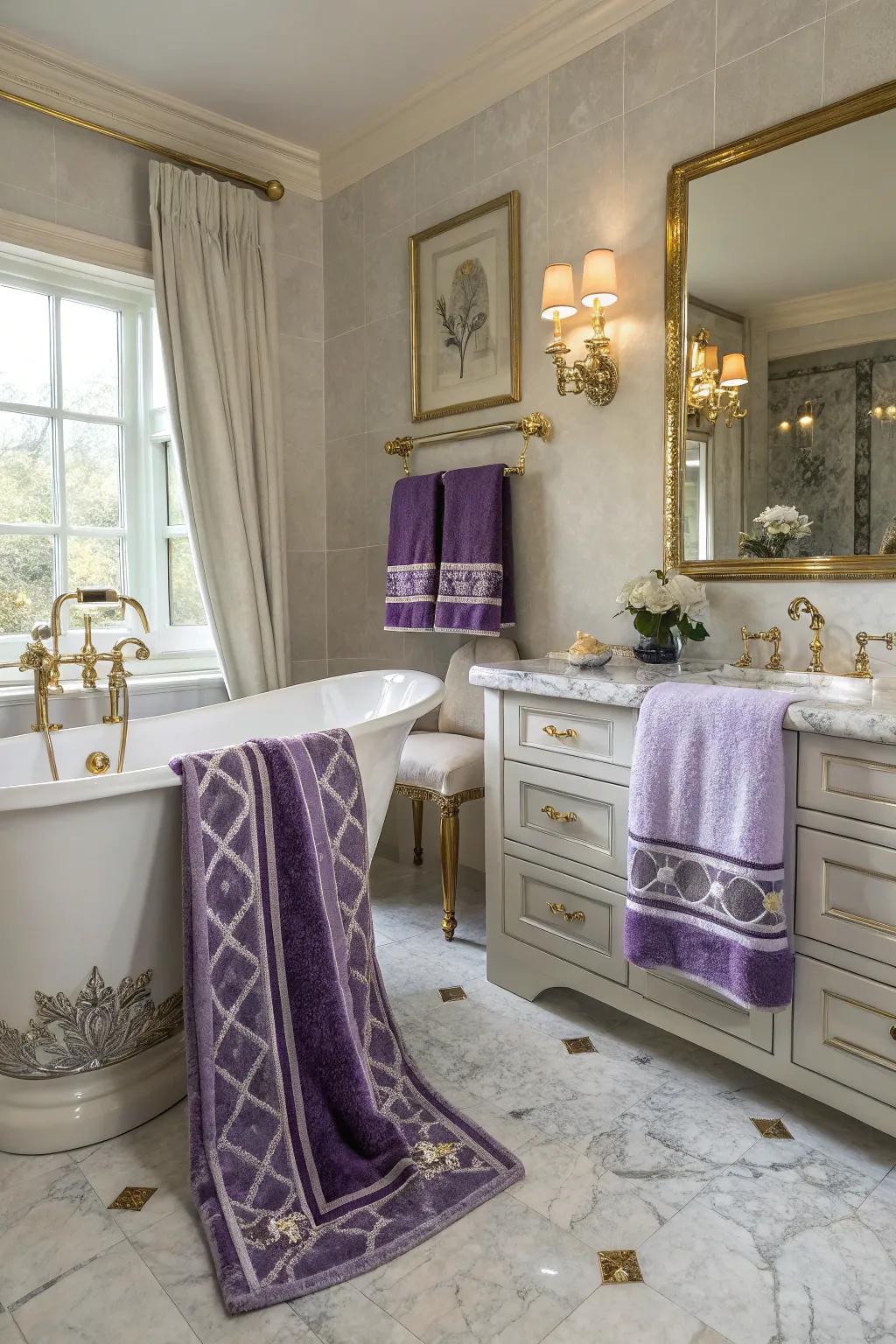 Violet and argent textiles present a sumptuous and regal sensation.