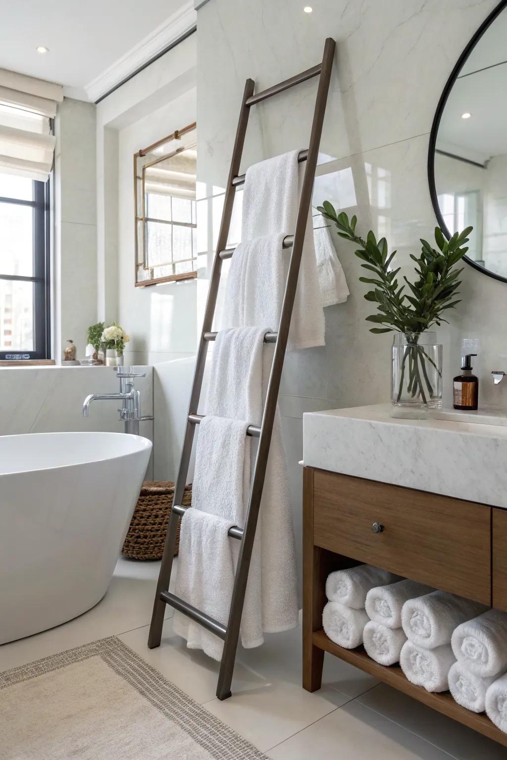 Use a space-saving towel ladder to add a modern touch.