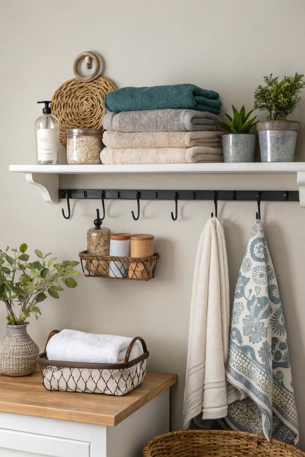 Hovering ledges featuring fasteners furnish astute storage.