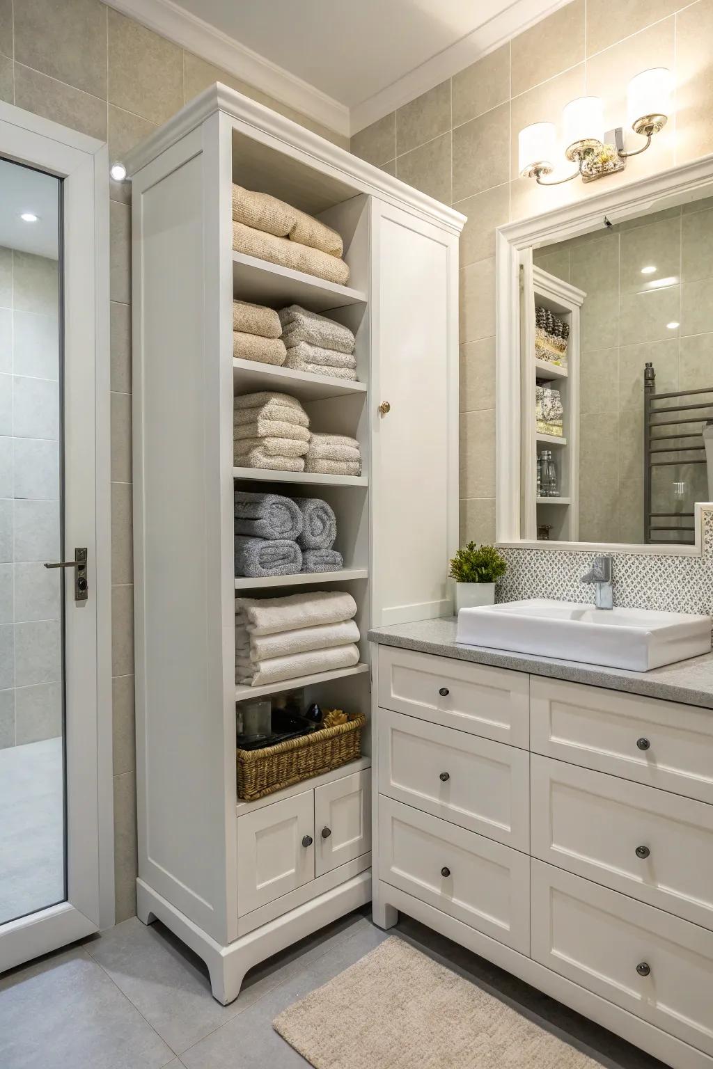 Linen cabinets deliver roomy and integrated towel storage.