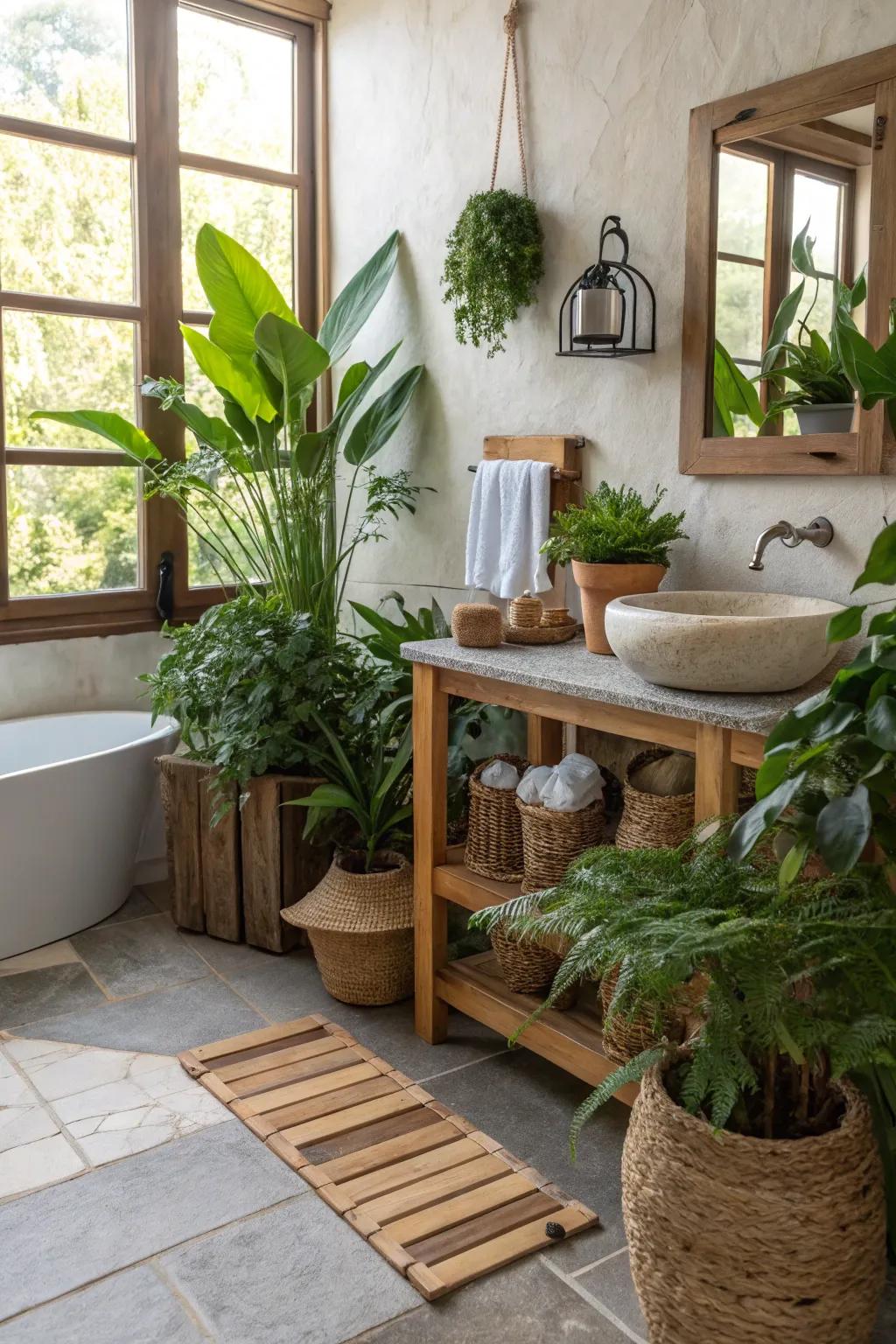 Plants add vibrancy and freshness to washroom walls.