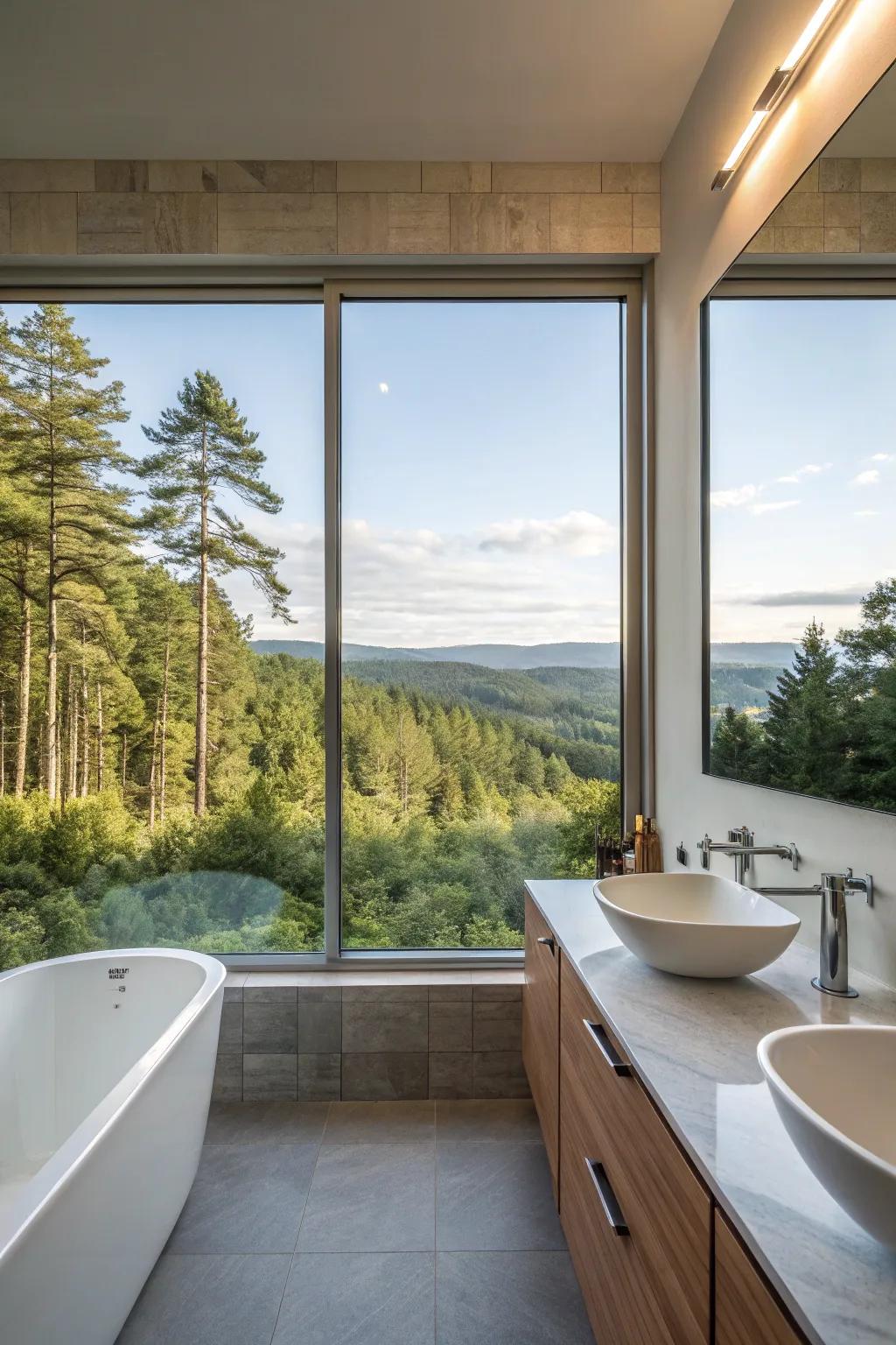 Visual windows enclosing spectacular sights in the restroom.