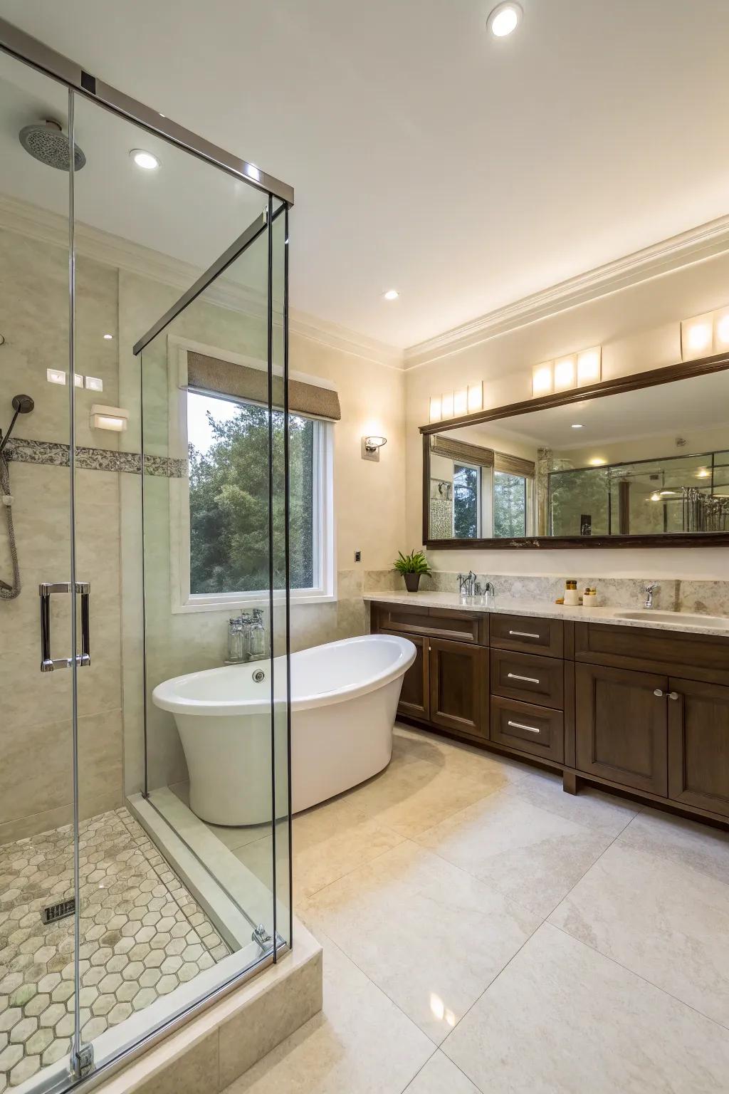 A shower area and bathtub blend seamlessly to optimize area.