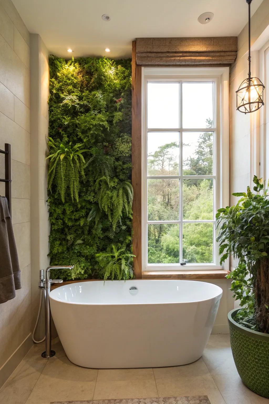 An upright living garden contributes a lively touch to the bath area.