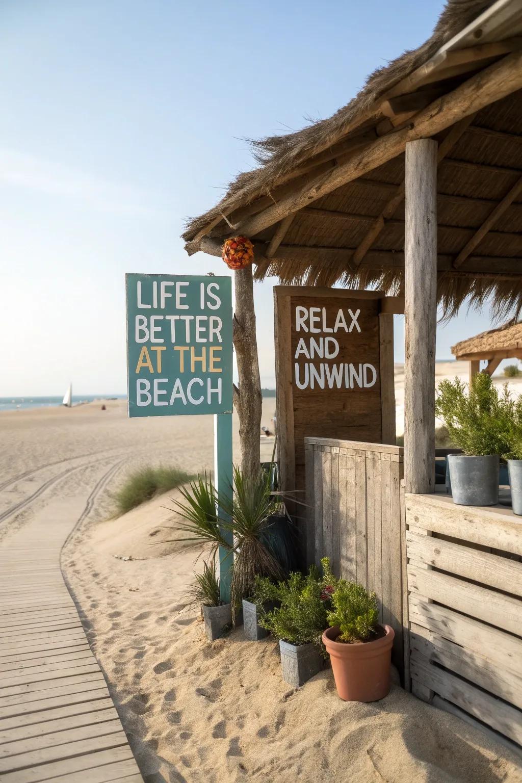 Weathered wooden signs lend playful personality to the beach shed.