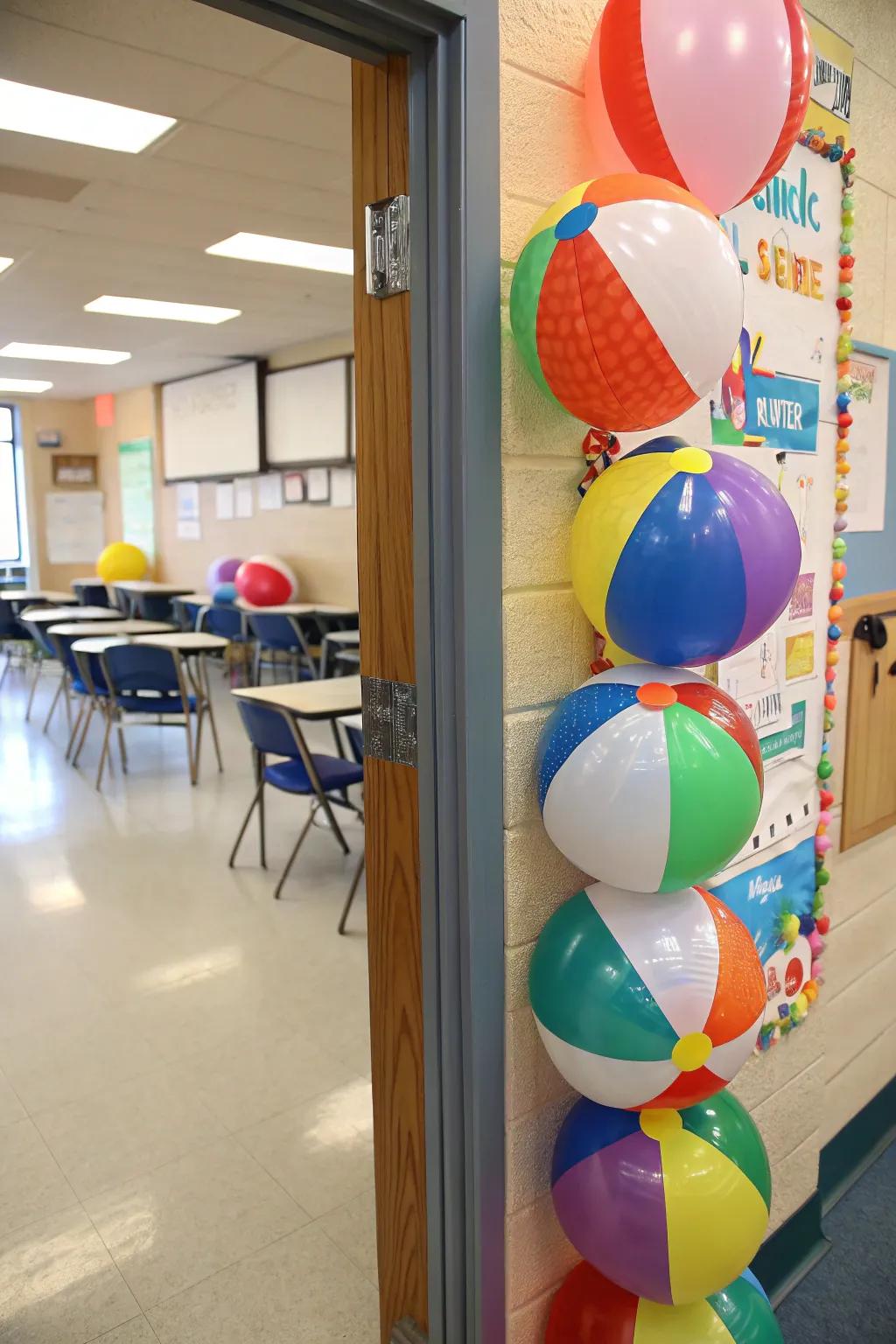 Classroom entrance energized with radiant beach sphere embellishments.