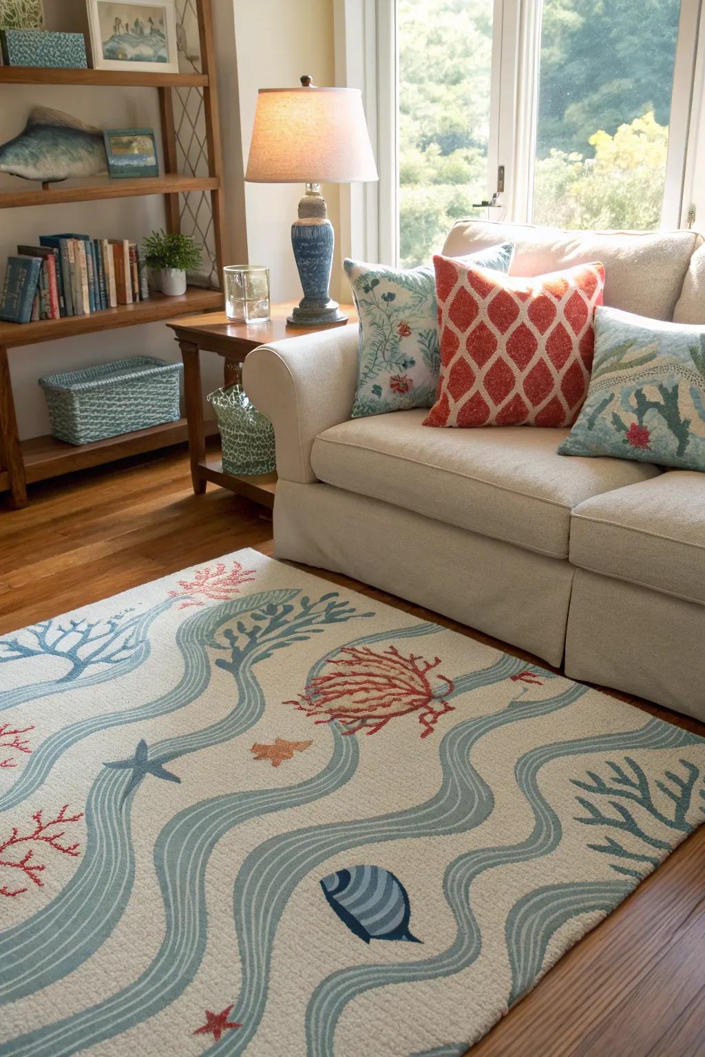 Ocean patterns add understated coastal accents.