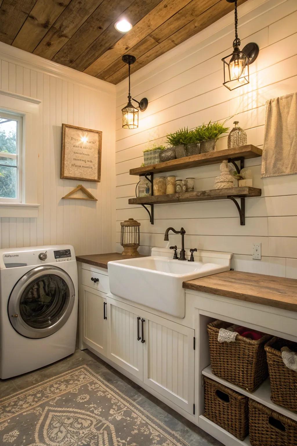 Wall panel adds warmth to laundry areas.