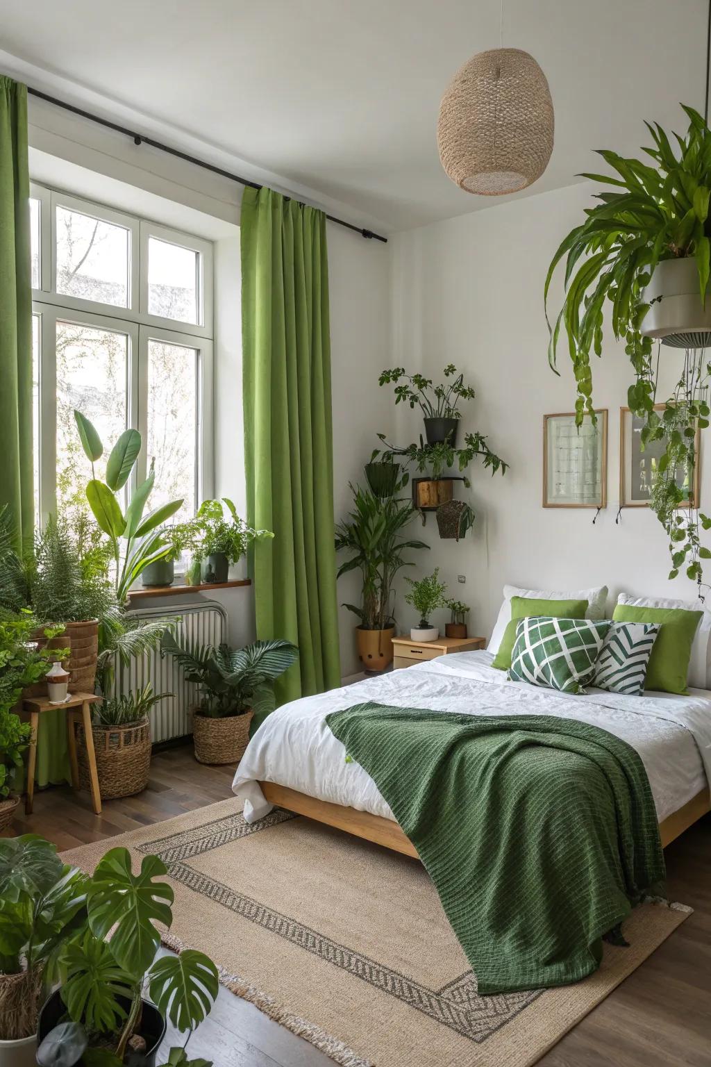 Greenery infuses life into this harmonious bedroom.