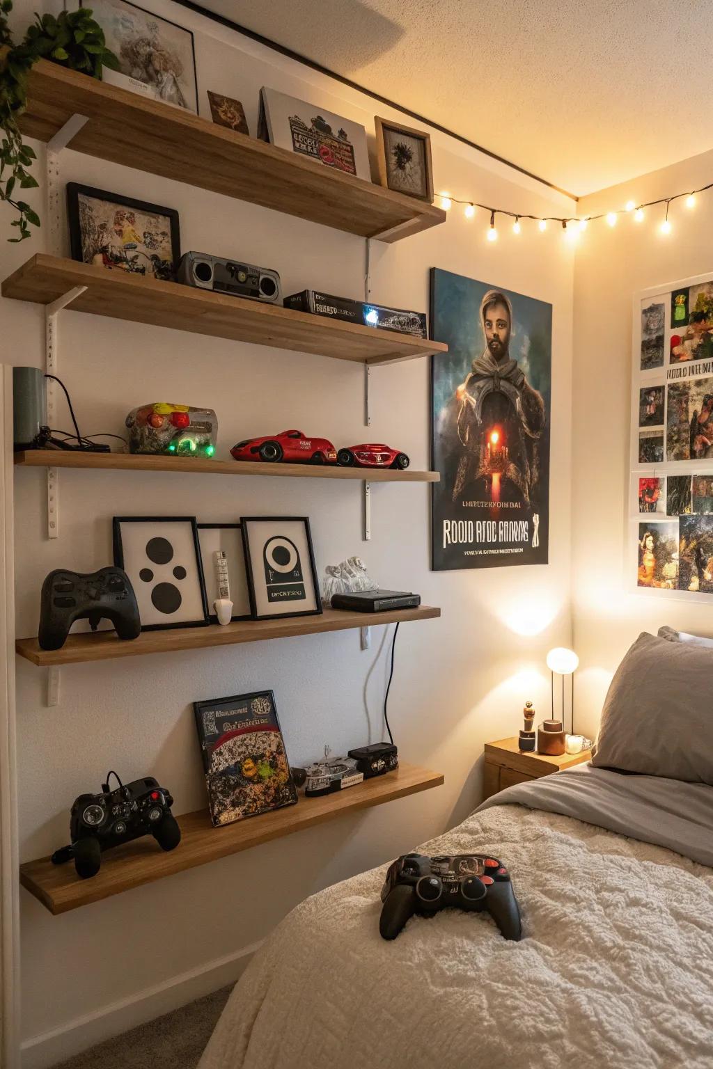 Floating ledges display collectibles gracefully.