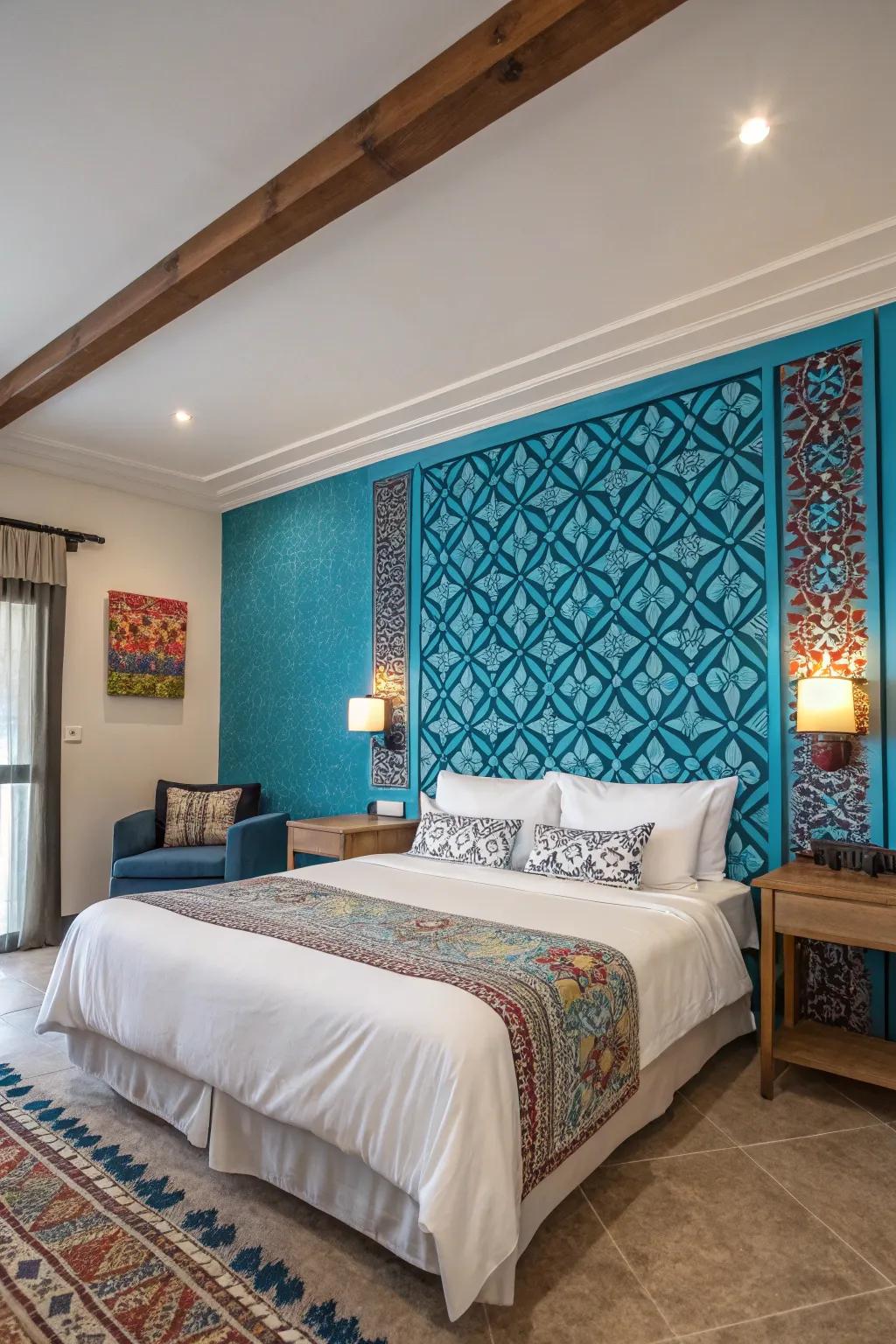 A bold accent wall adds vibrancy to this fashionable bedroom.