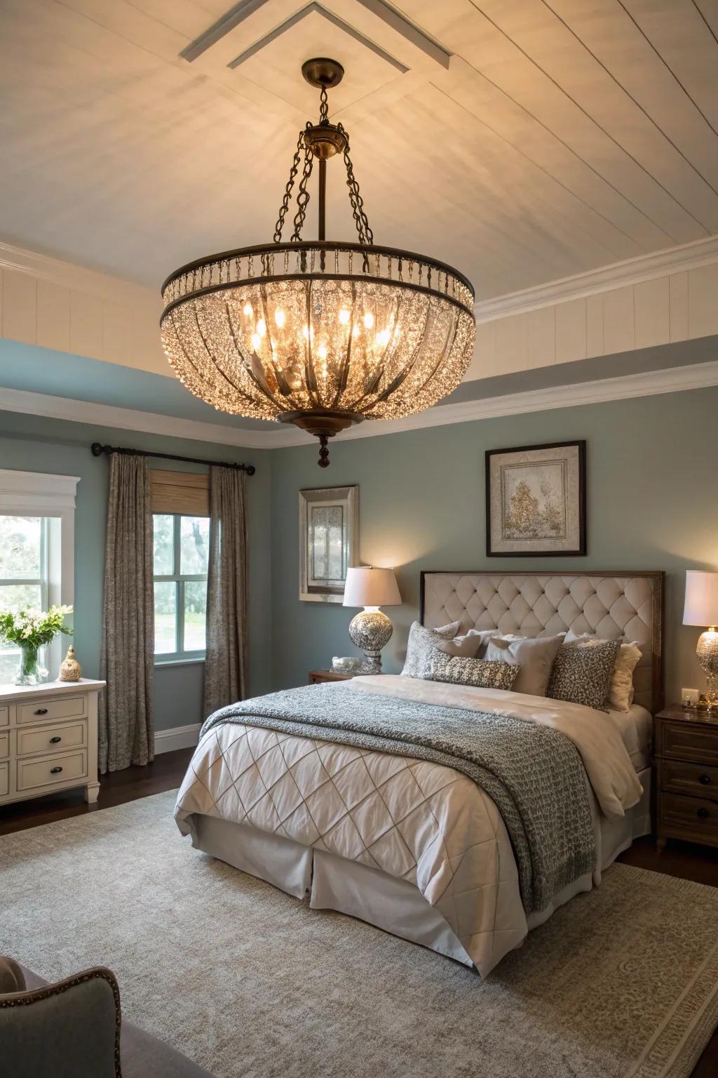 A bedroom illuminated by a striking chandelier.
