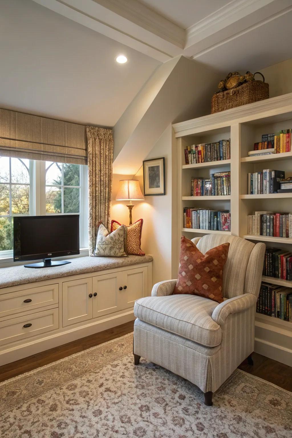 A reading nook contributes adaptability to your bedroom TV space.