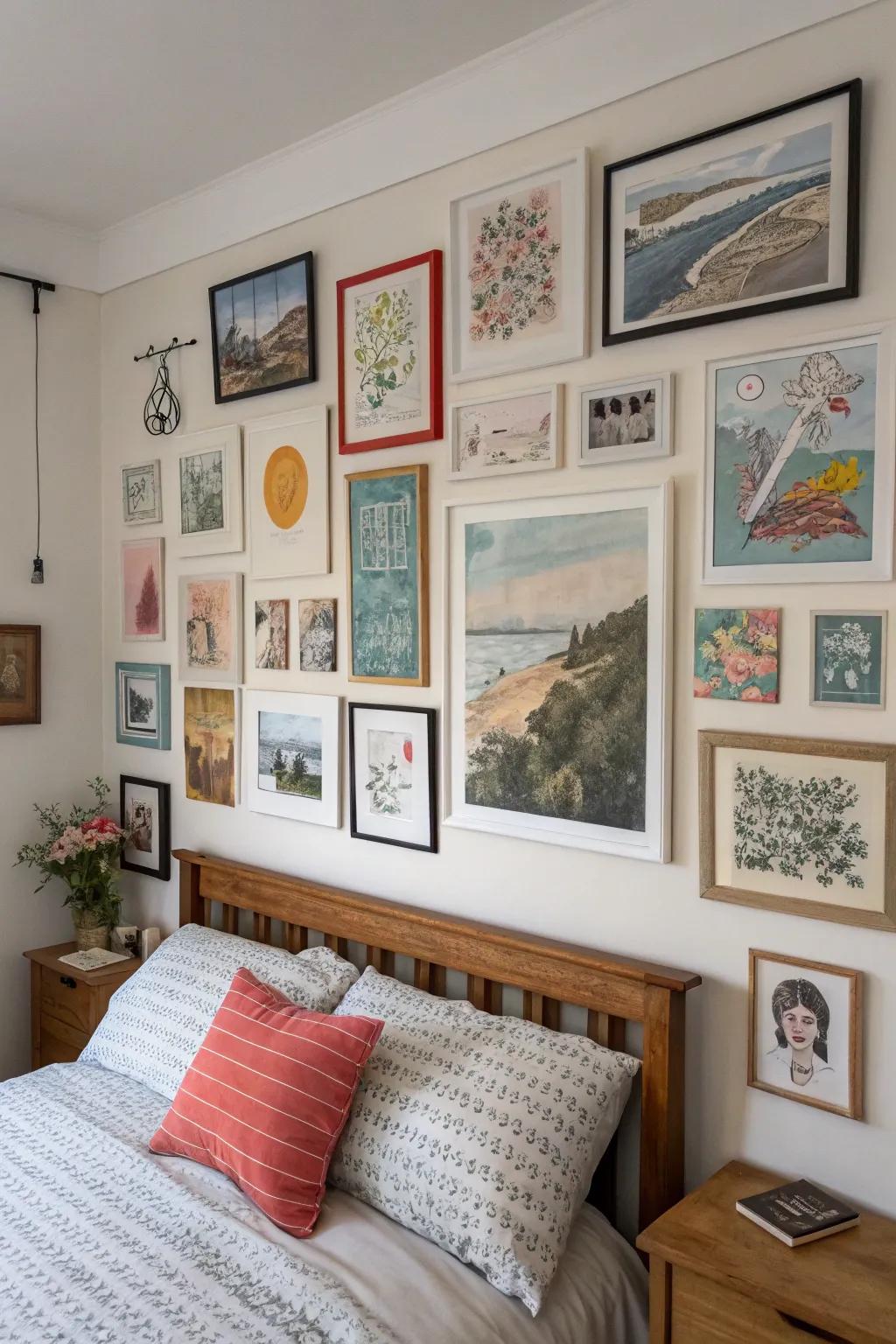 Layering artworks crafts a refined and vibrant visual narrative on bedroom walls.