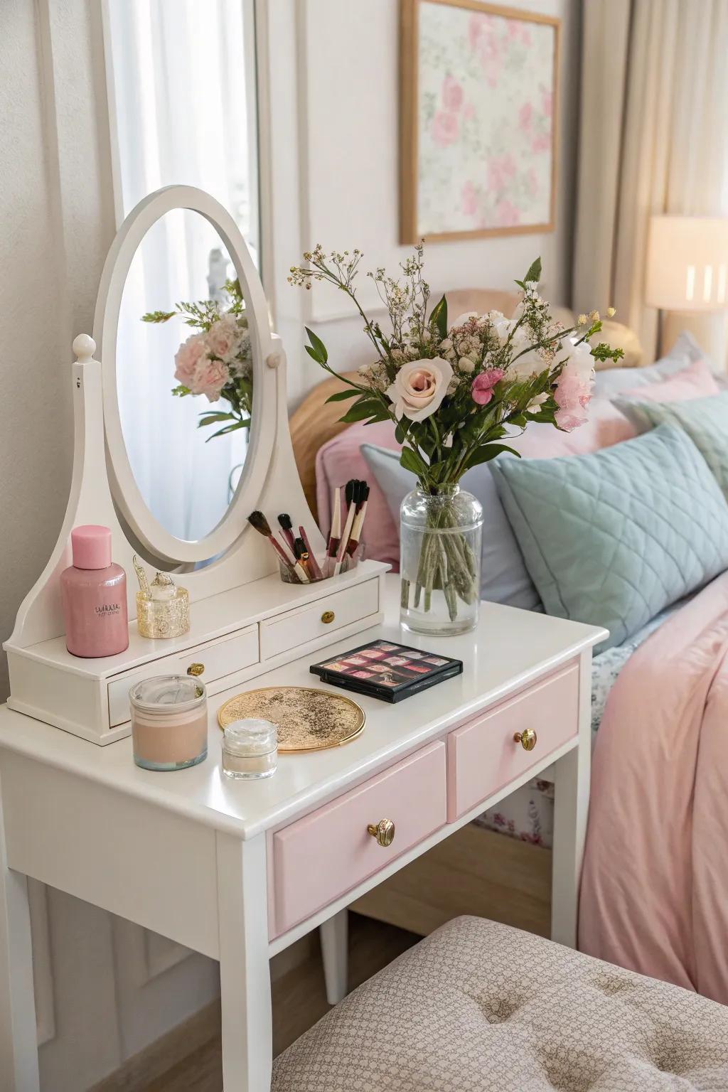 A soothing makeup station in soft pastel colors.