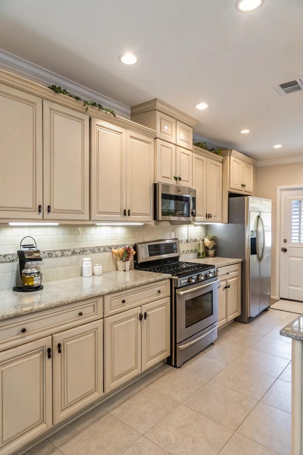Metallic appliances introduce a streamlined contrast to the kitchen.