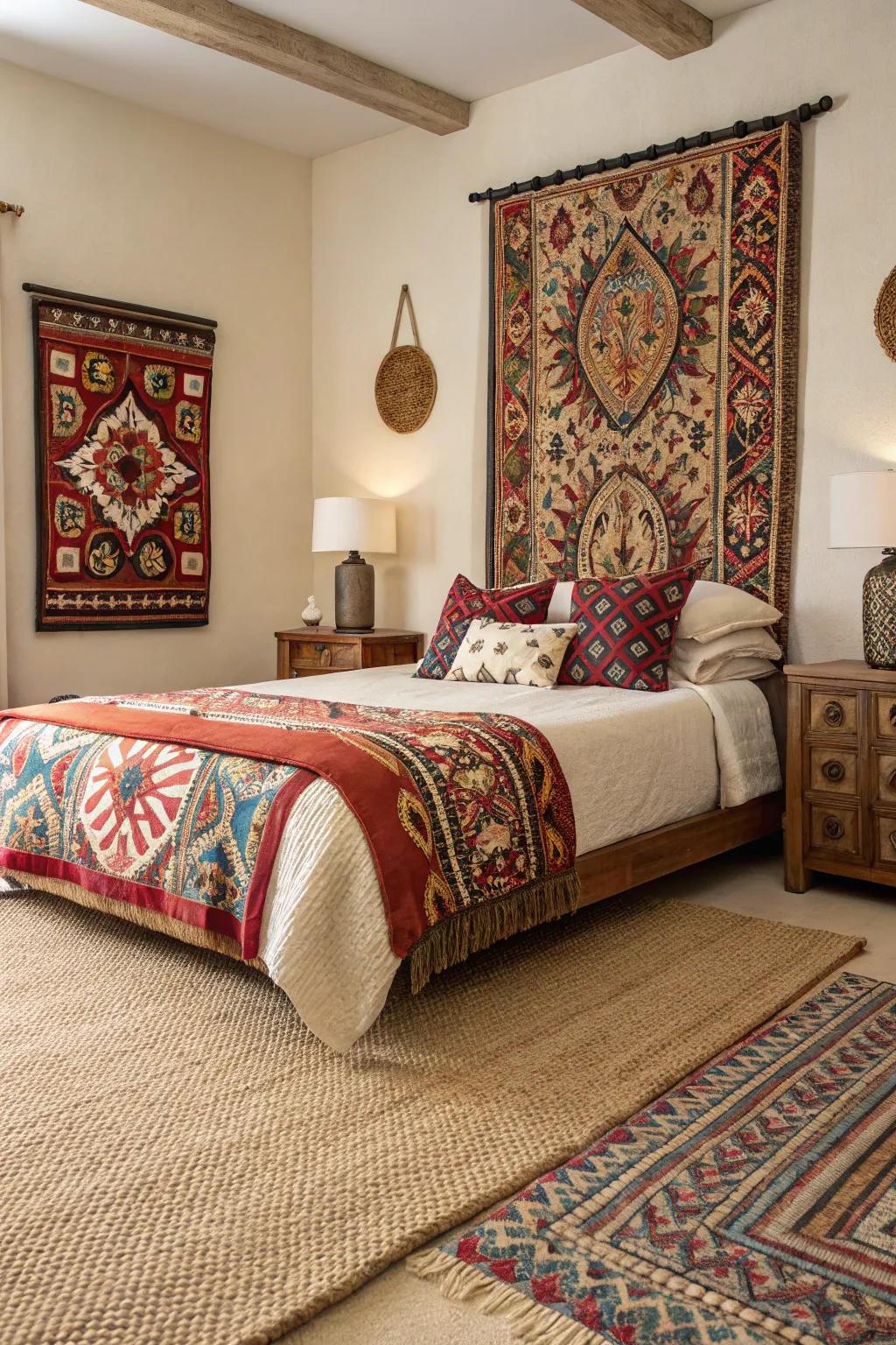 Bold patterns add vibrancy and energy to a bedroom featuring a beige carpet.