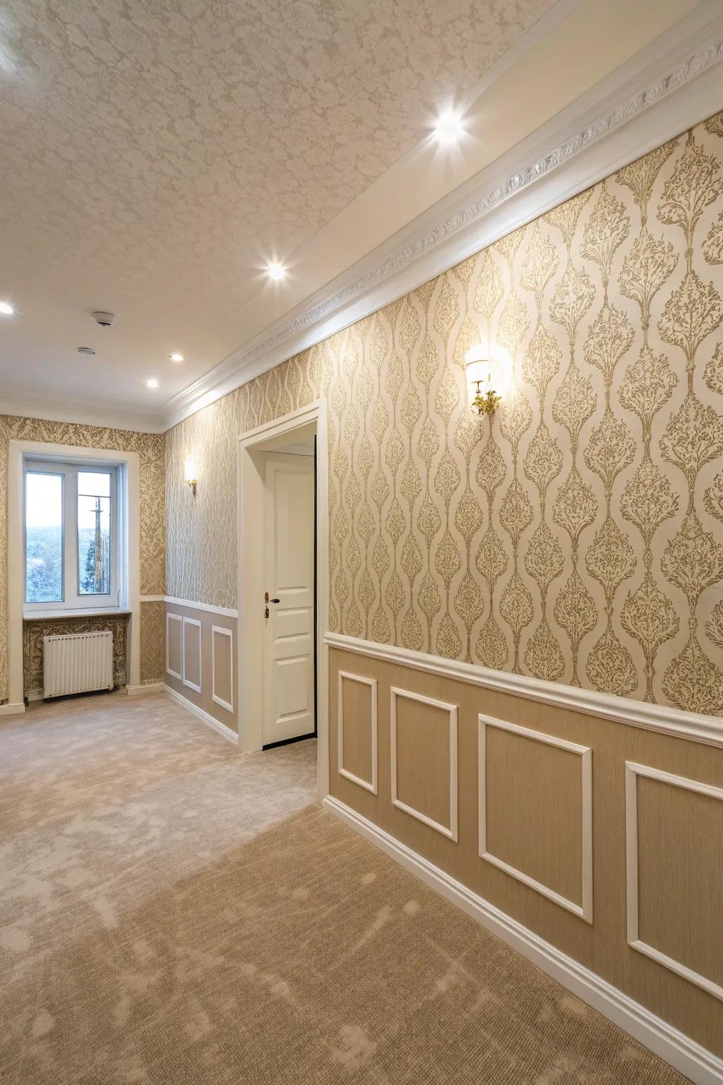 Patterned coverings in beige tones greatly elevate the elegance found within.