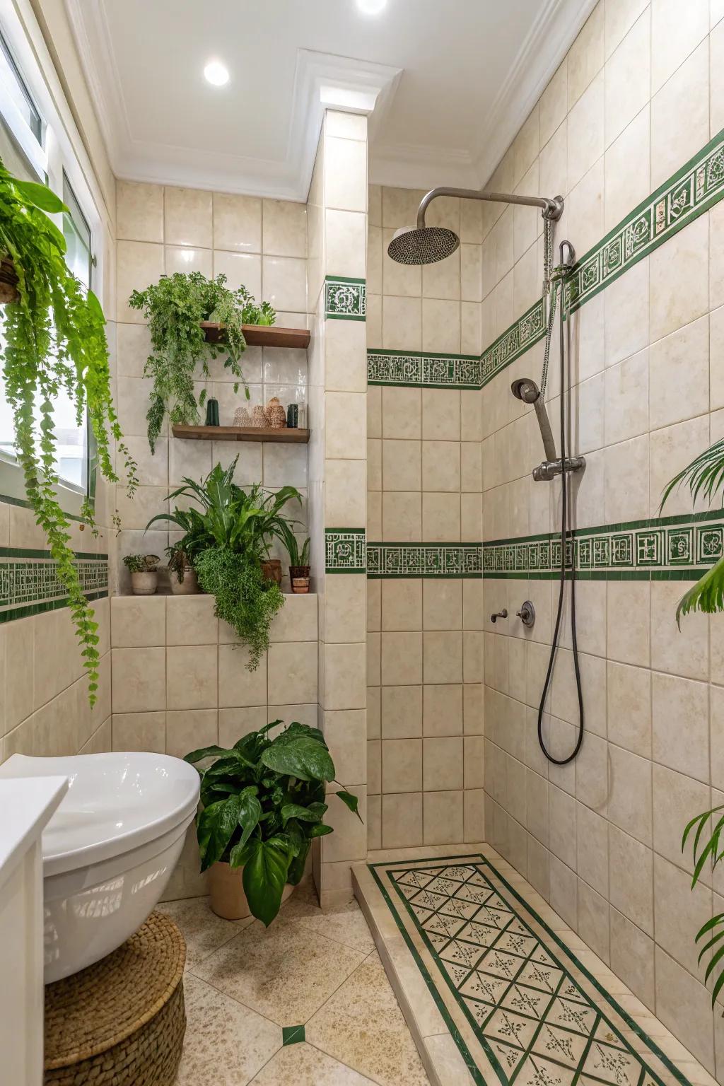 Green accents enhance the natural appeal of beige tiles.