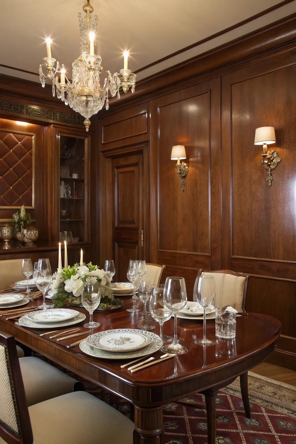 An intimate dining experience with burgundy brown walls.