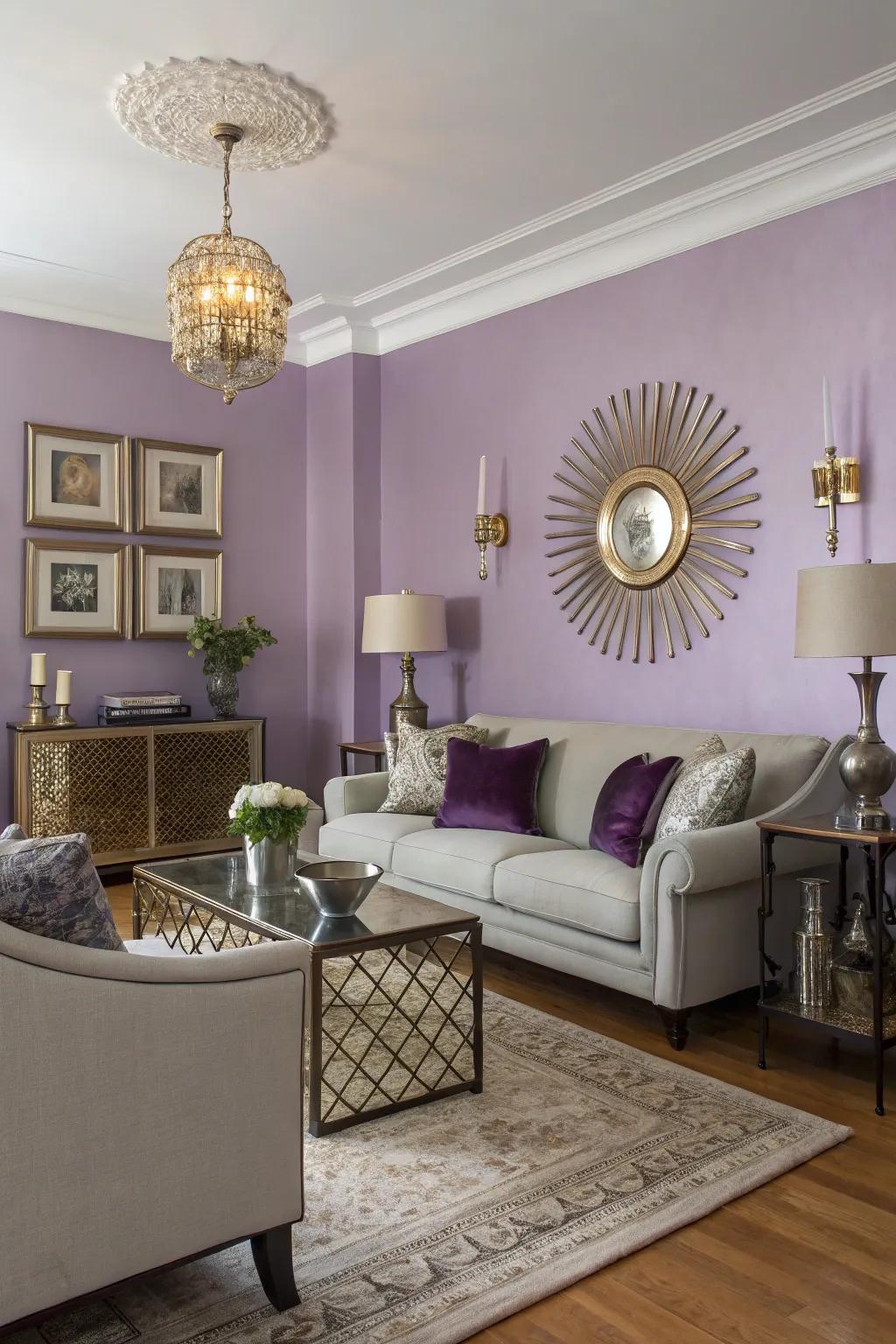Lilac walls fashion a lavish and calming atmosphere.
